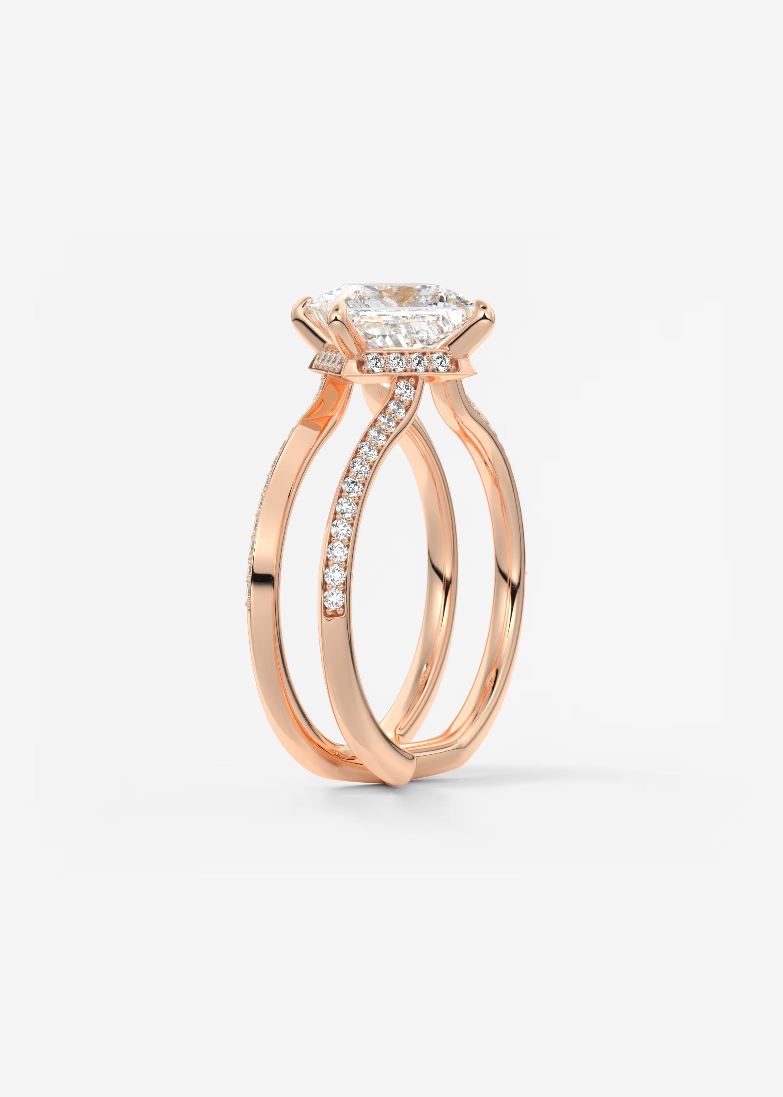 Parallel Split Shank Princess Cut Engagement Ring with Knife Edge Hidden Halo and Pavé