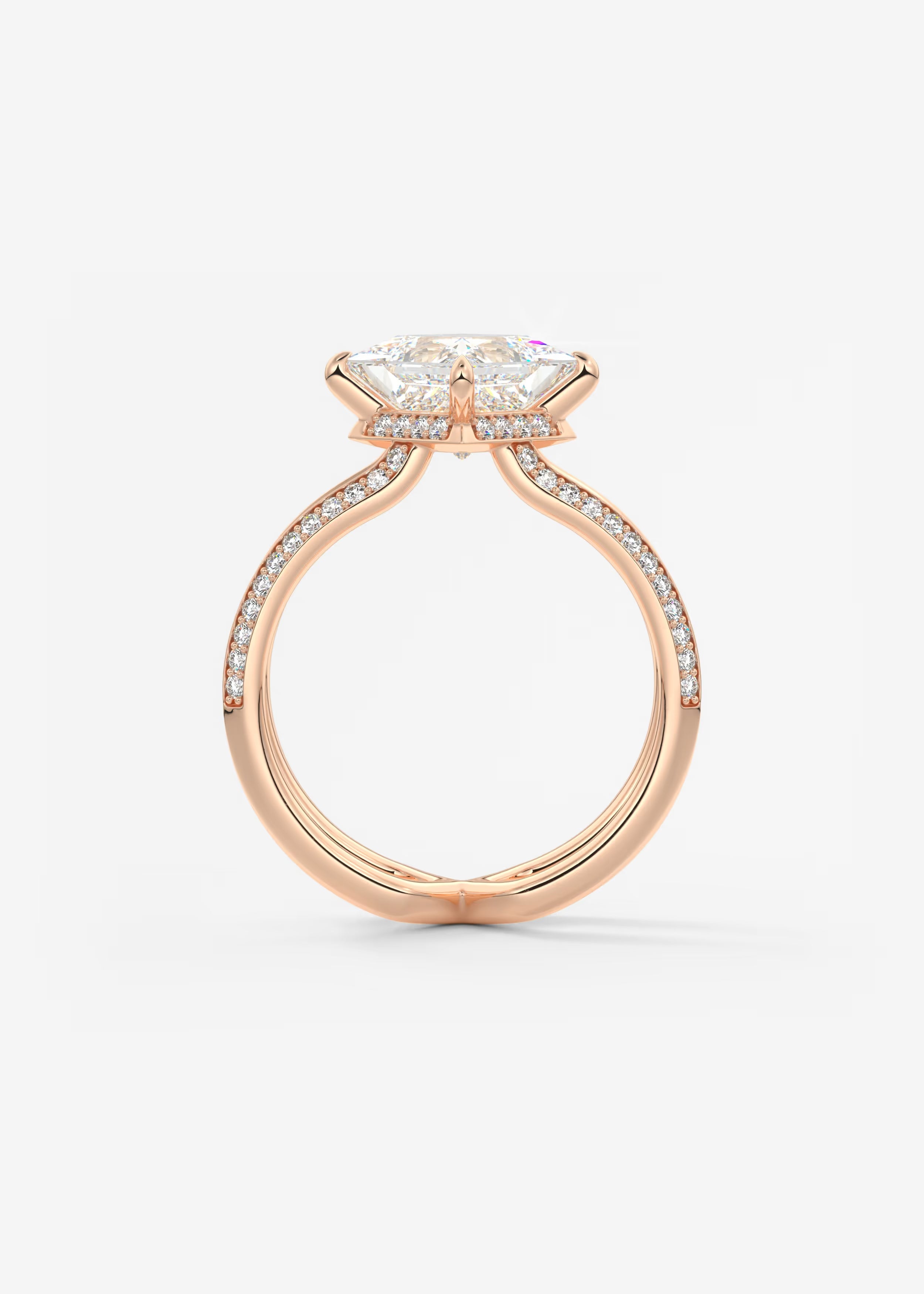 Parallel Split Shank Princess Cut Engagement Ring with Knife Edge Hidden Halo and Pavé