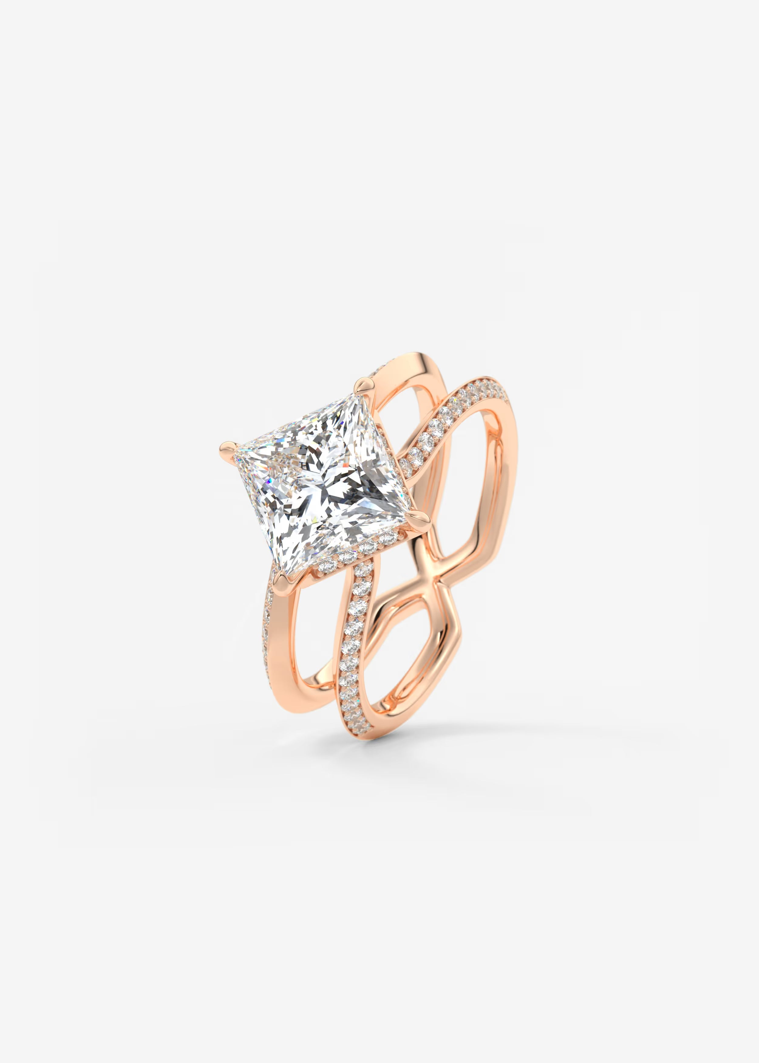 Parallel Split Shank Princess Cut Engagement Ring with Knife Edge Hidden Halo and Pavé