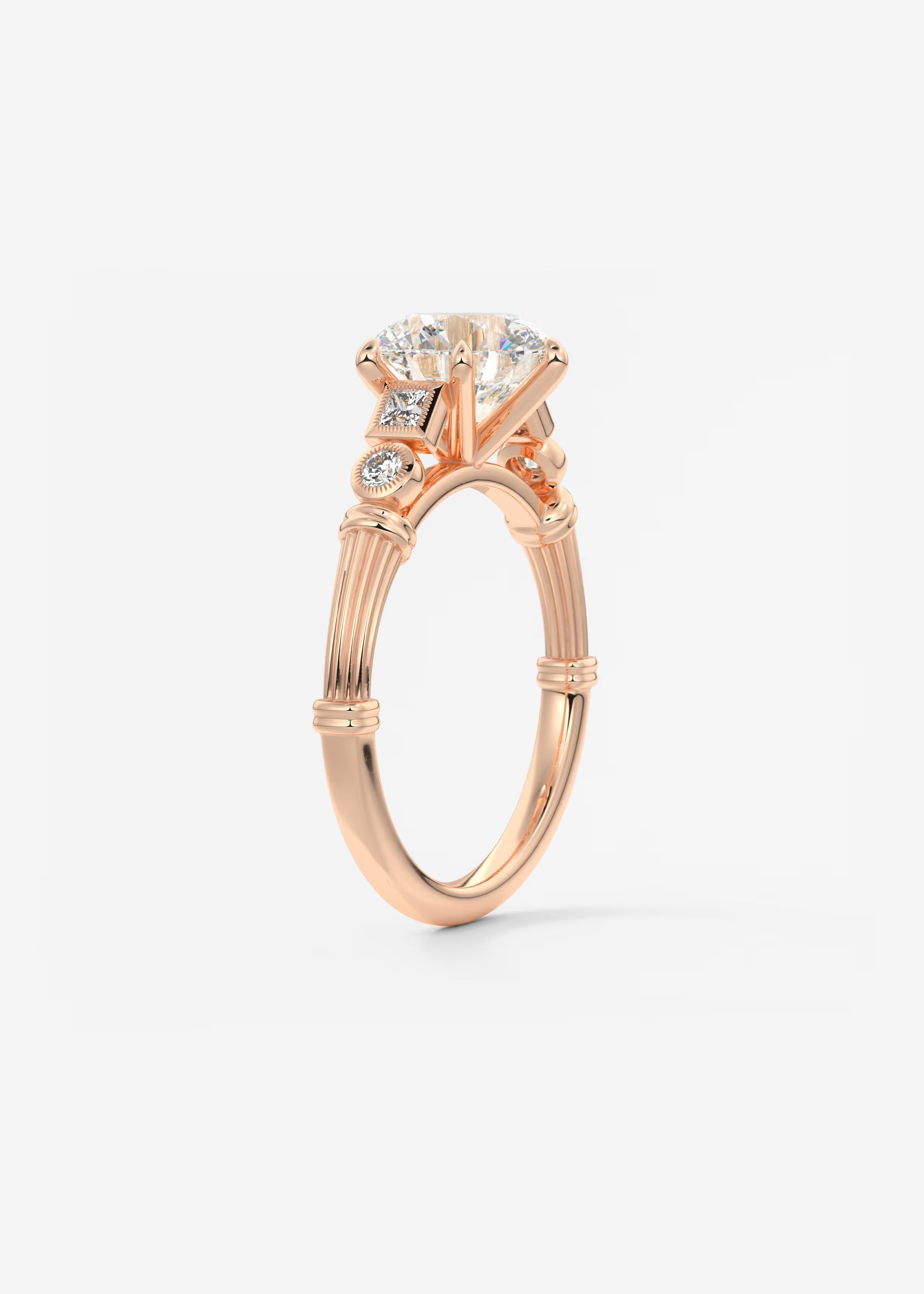 Five Stone Cathedral Engagement Ring with Fluted Shoulders & Milgrain