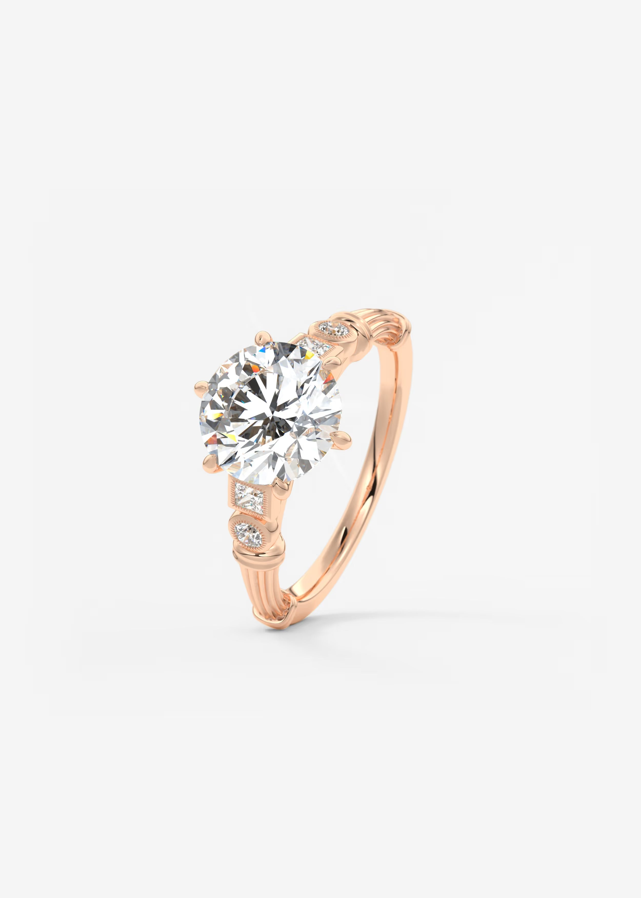 Five Stone Cathedral Engagement Ring with Fluted Shoulders & Milgrain