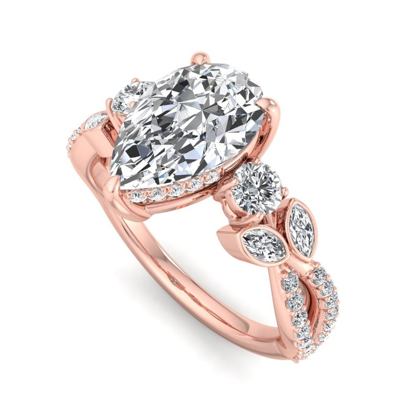 Floral Marquise Band with Beaded Detail Pear Lab Grown Diamond Center Engagement Ring