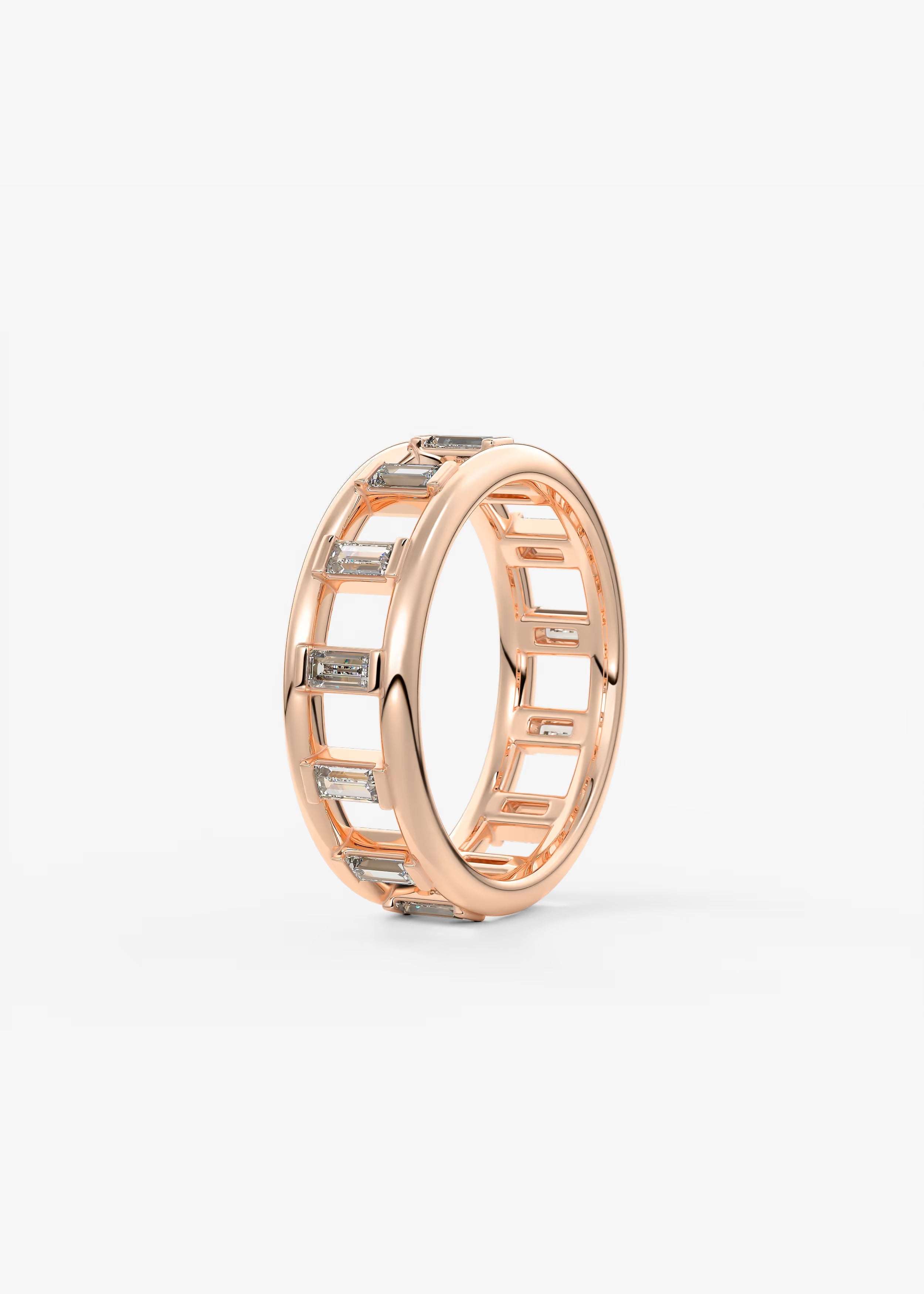 Gold Band with Vertical Baguette‑Cut Lab‑Grown Diamonds and Geometric Openwork Design