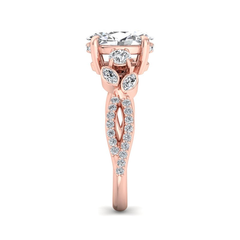 Floral Marquise Band with Beaded Detail Oval Lab Grown Diamond Center Engagement Ring