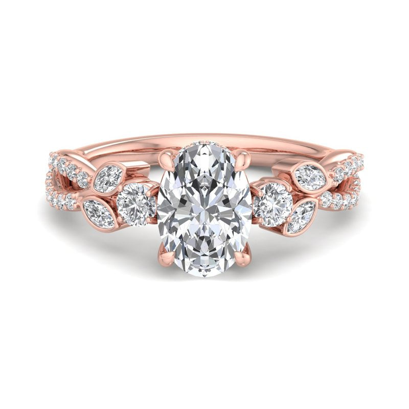 Floral Marquise Band with Beaded Detail Oval Lab Grown Diamond Center Engagement Ring