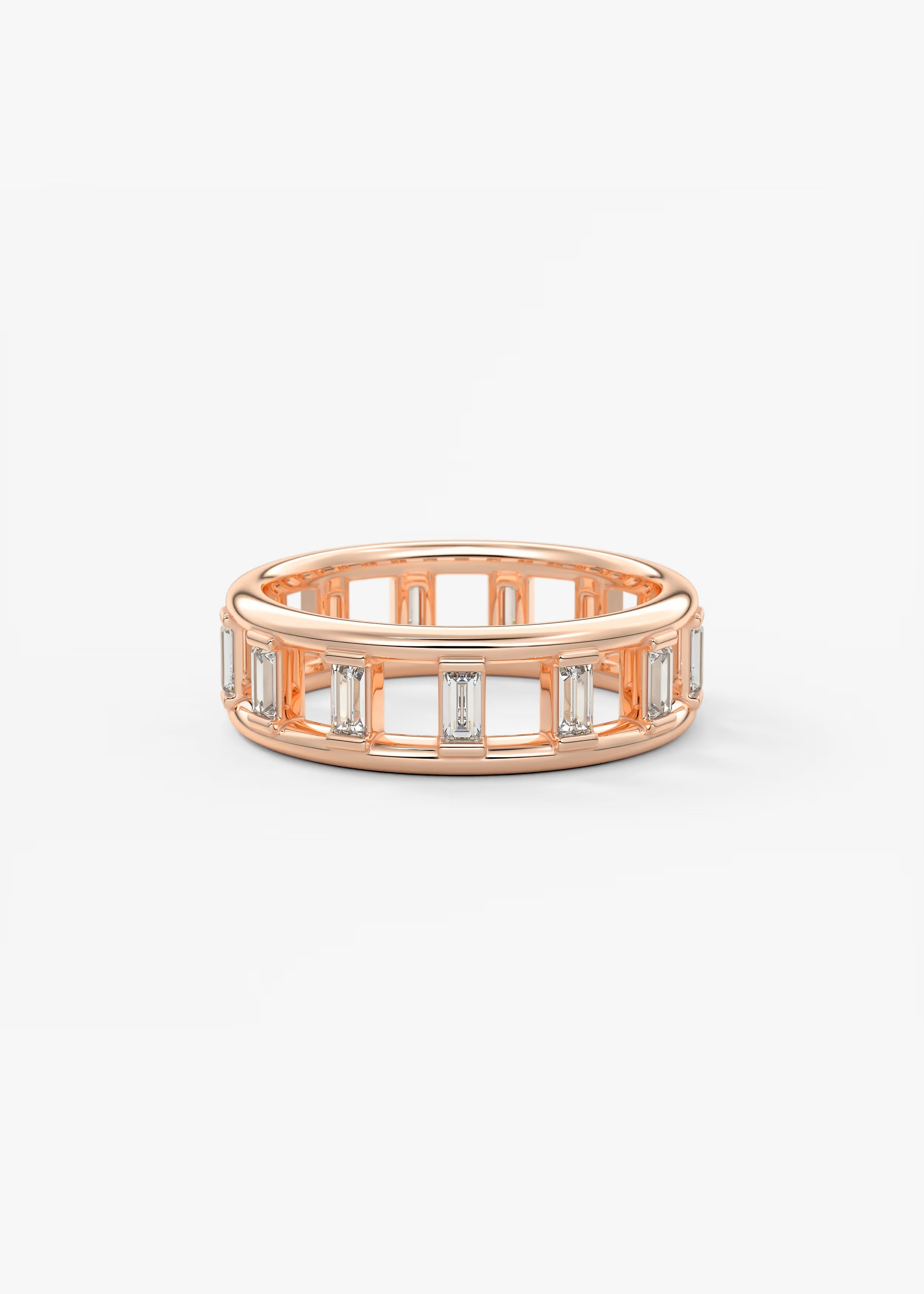 Gold Band with Vertical Baguette‑Cut Lab‑Grown Diamonds and Geometric Openwork Design