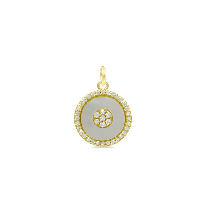 14K Gold Plated Sterling Silver cz with Disc Mother of Pearl Charm/ Necklace/ Earrings