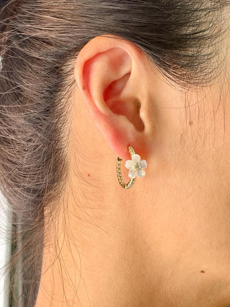 14K Gold Plated Sterling Silver Mother of Pearl Flower Hoop Earrings