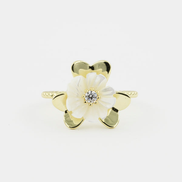 14K Gold Plated Sterling Silver Mother of Pearl Flower Ring