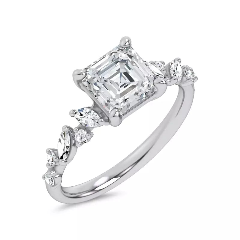 Scattered Diamond Asscher Engagement Ring