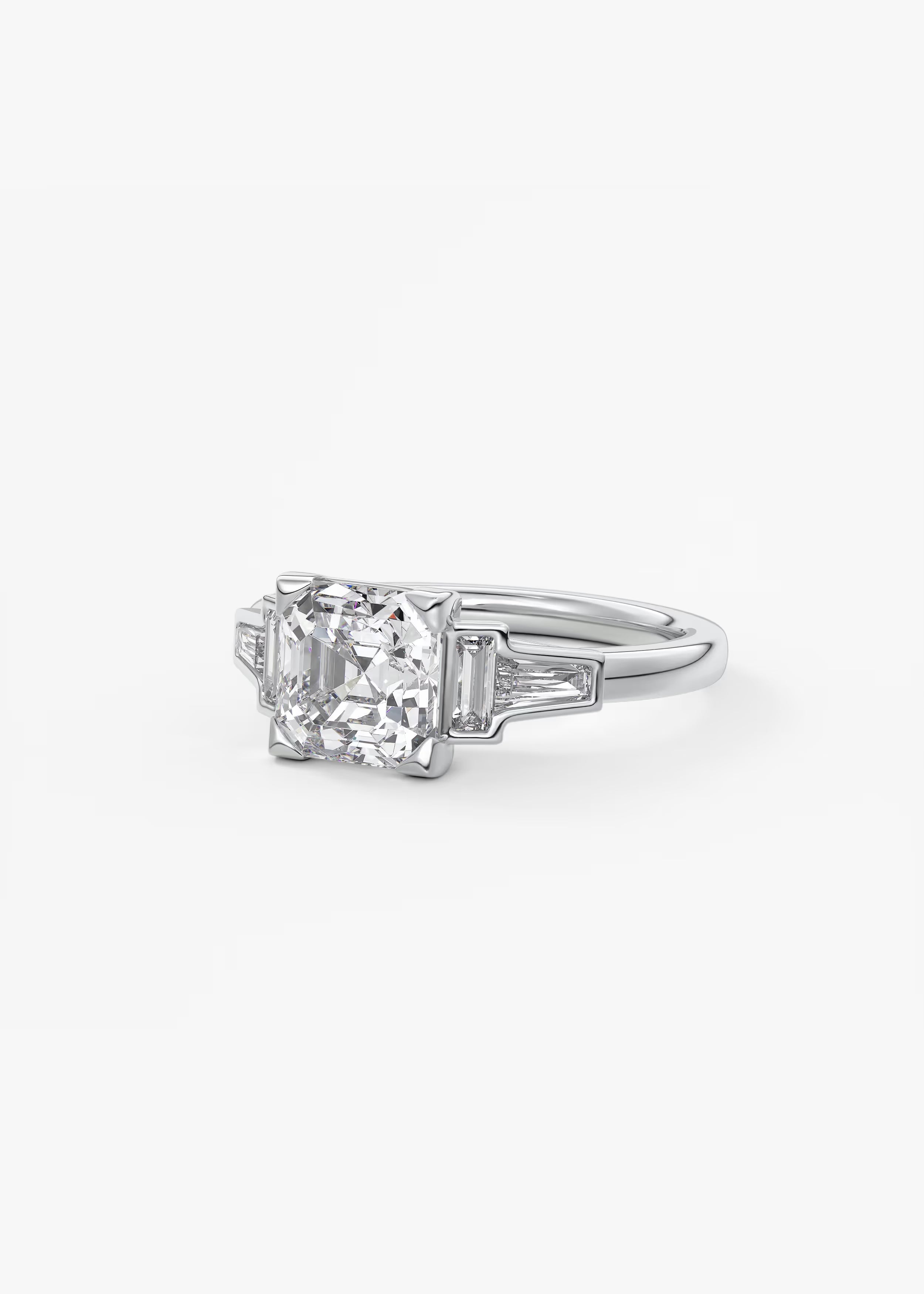 Art Deco Inspired Asscher Five Stone Engagement Ring with Tapered Baguettes