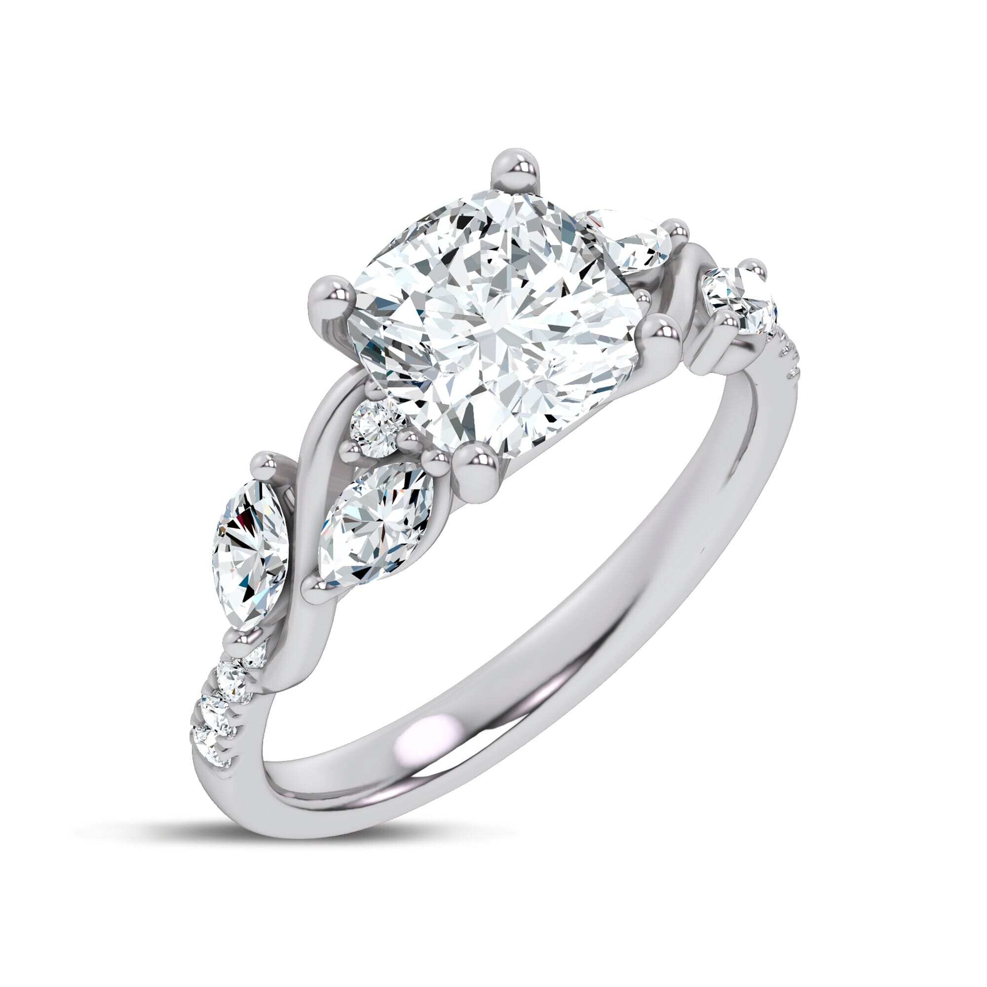 Curved Vine Diamond Cushion Engagement Ring