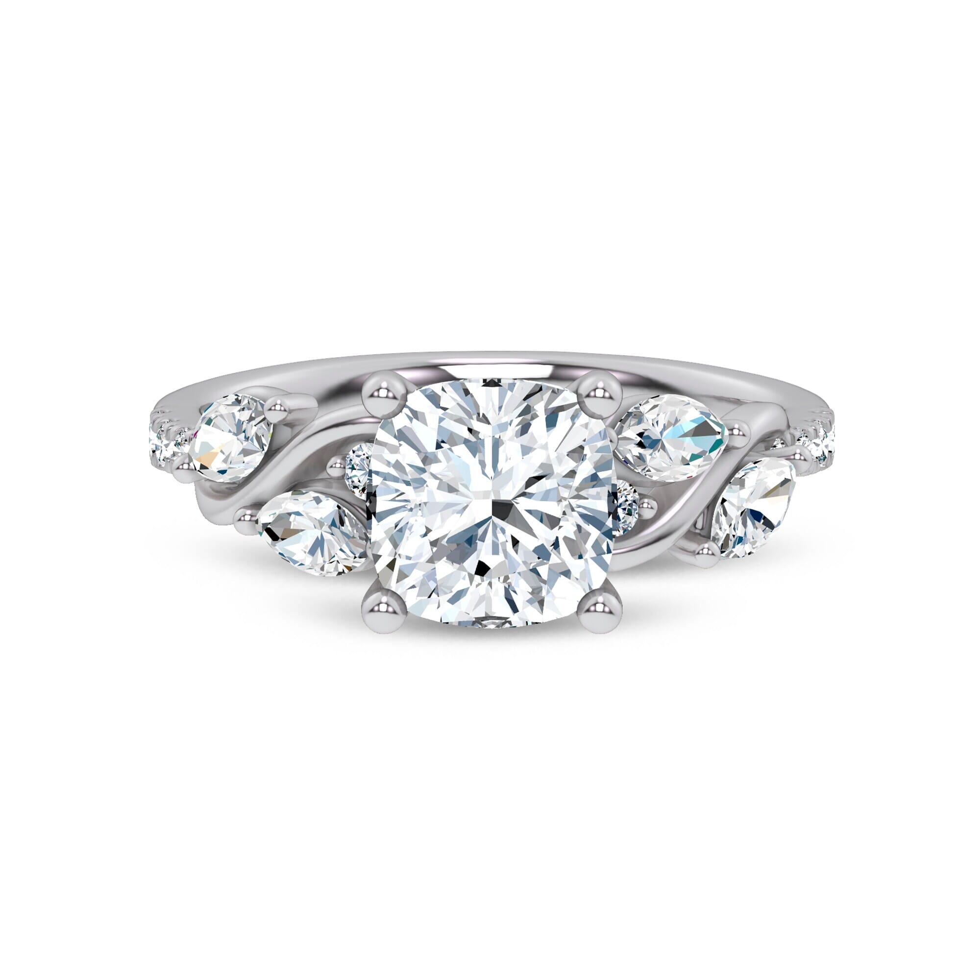 Curved Vine Diamond Cushion Engagement Ring