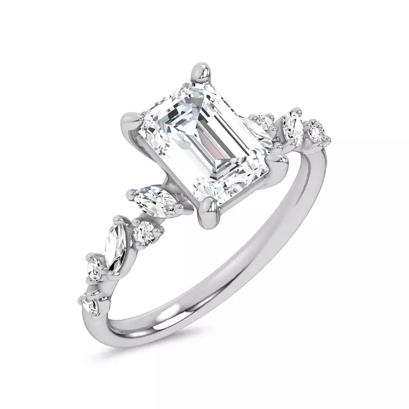 Scattered Diamond Emerald Engagement Ring