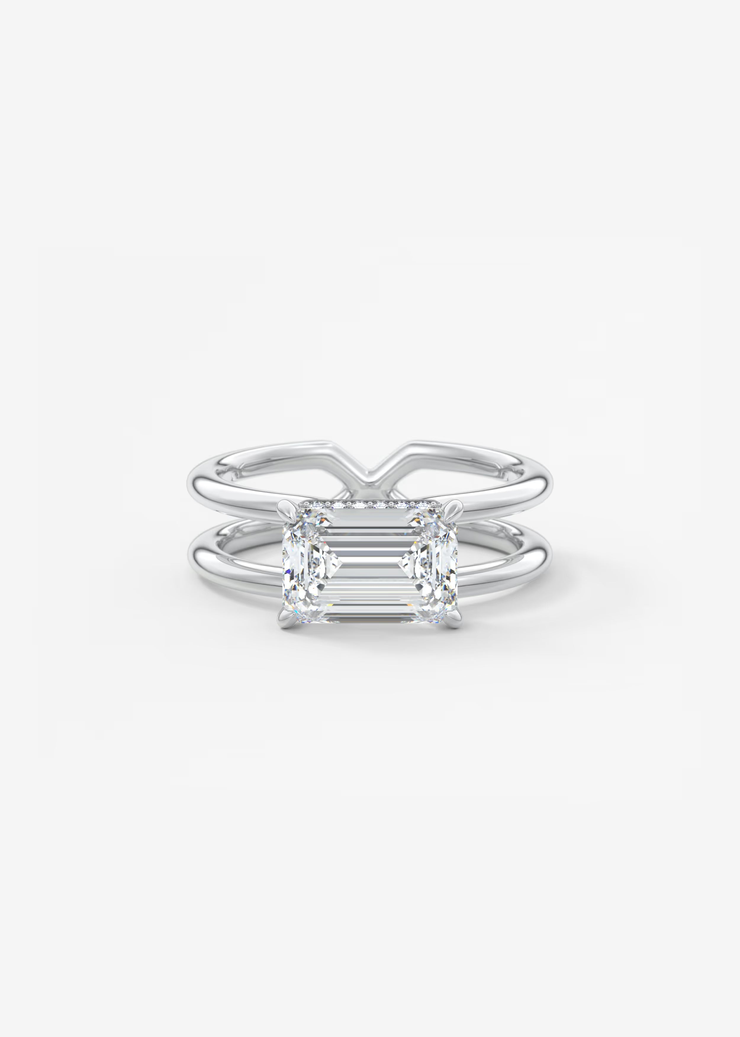 Parallel Split Shank Emerald Cut Engagement Ring with Knife Edge Hidden Halo