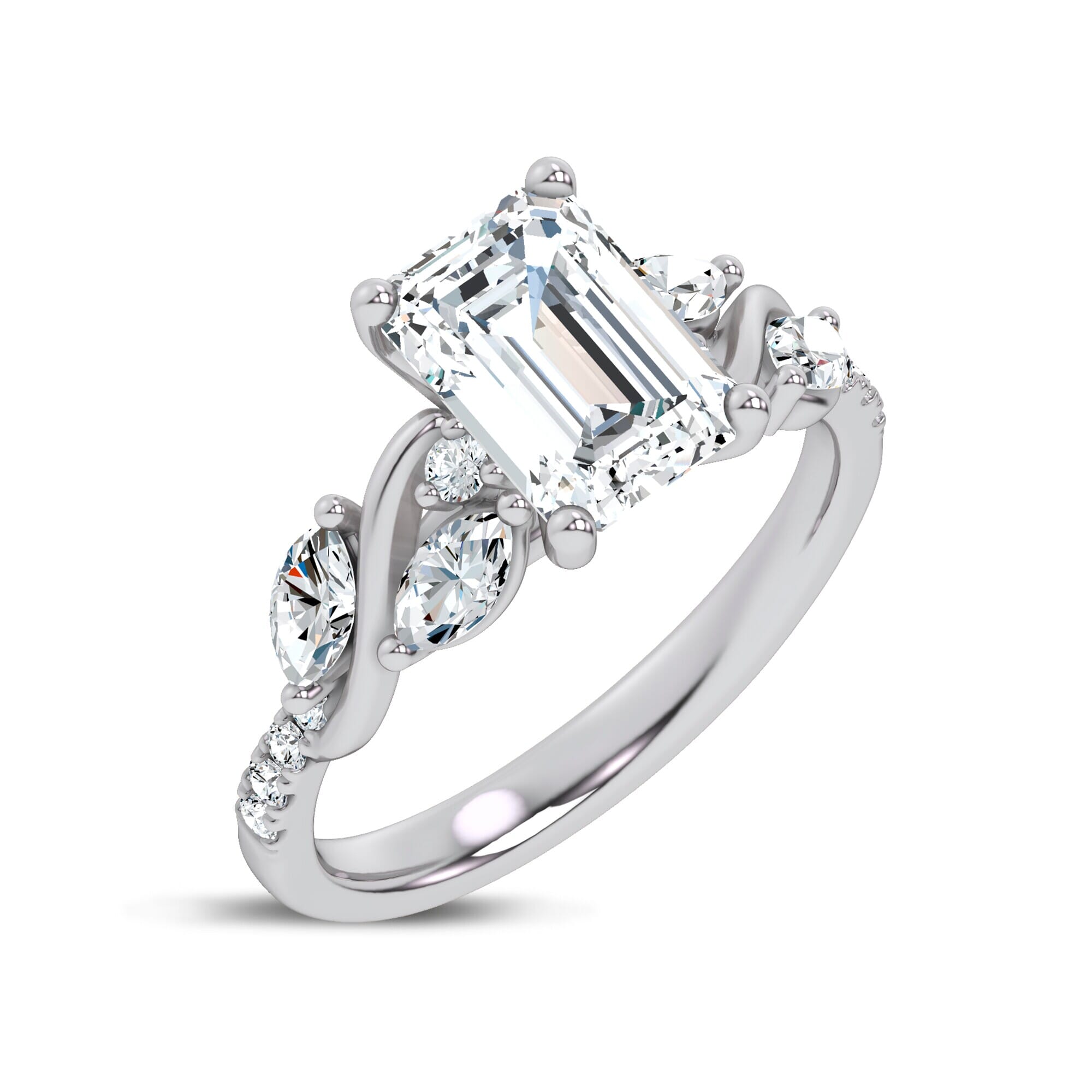 Curved Vine Diamond Emerald Engagement Ring