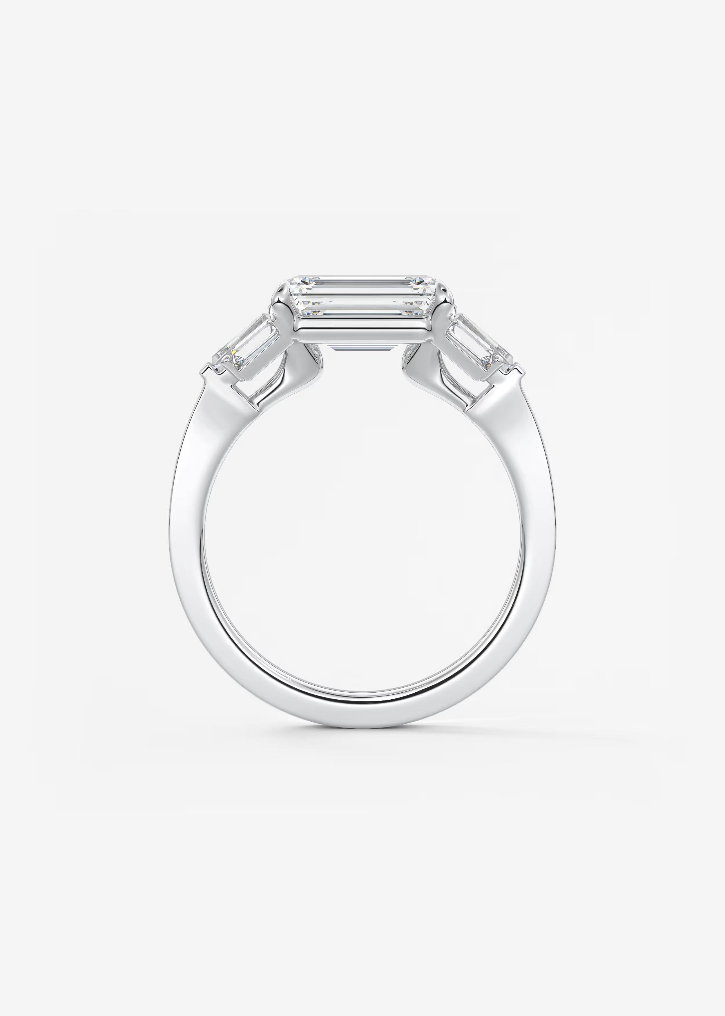 East West Emerald Cut Seven Stone Engagement Ring with Baguette Diamond Accents