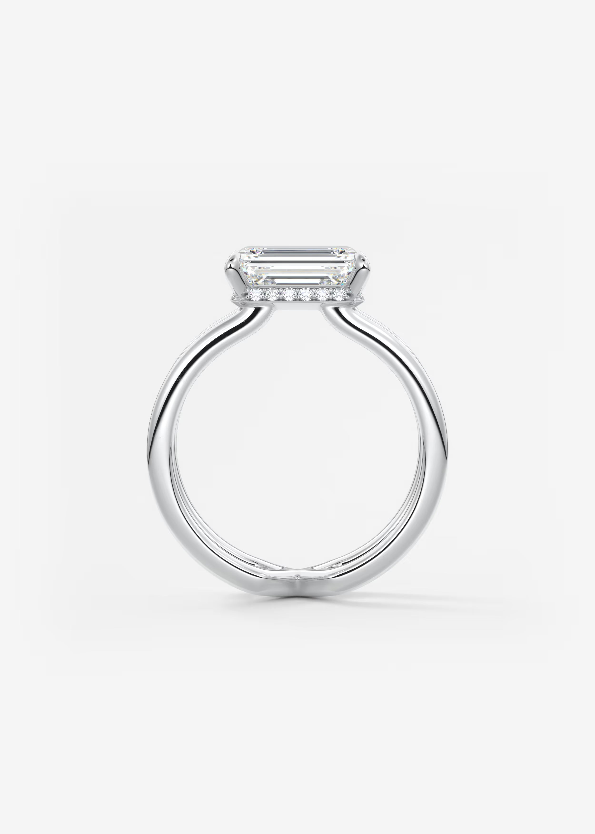 Parallel Split Shank Emerald Cut Engagement Ring with Knife Edge Hidden Halo