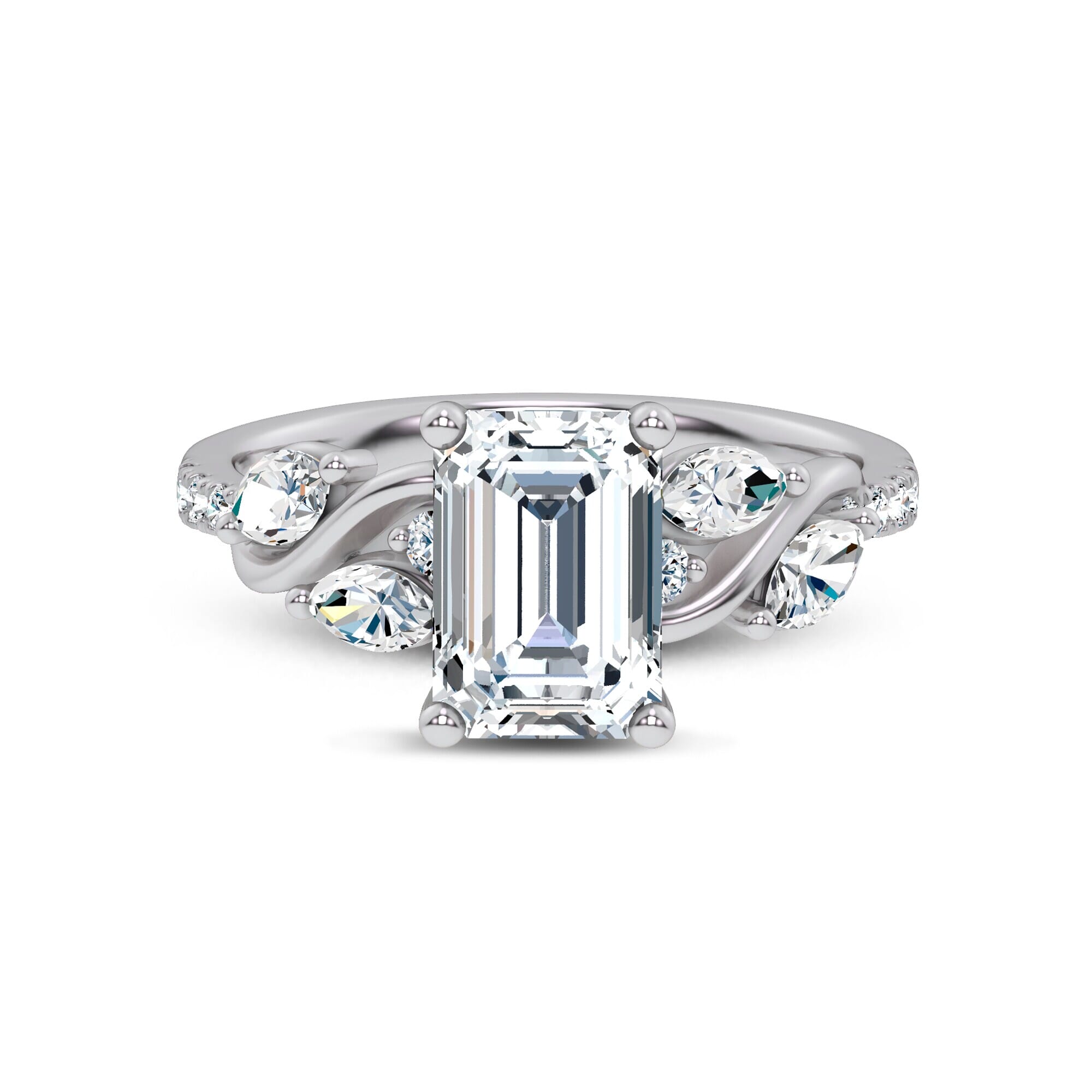 Curved Vine Diamond Emerald Engagement Ring