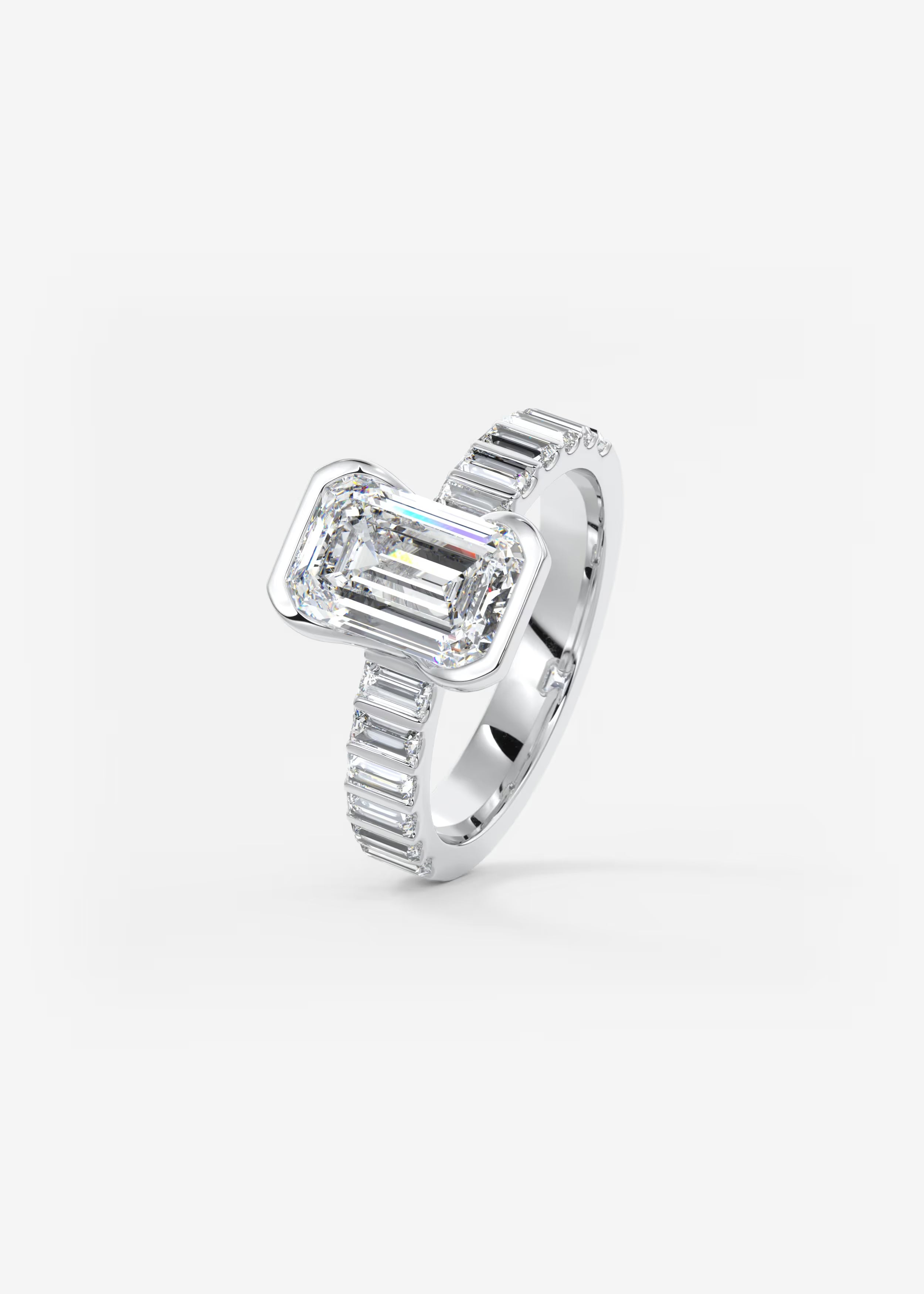 Emerald Cut Half Bezel Engagement Ring with Baguette Cut Diamond Band