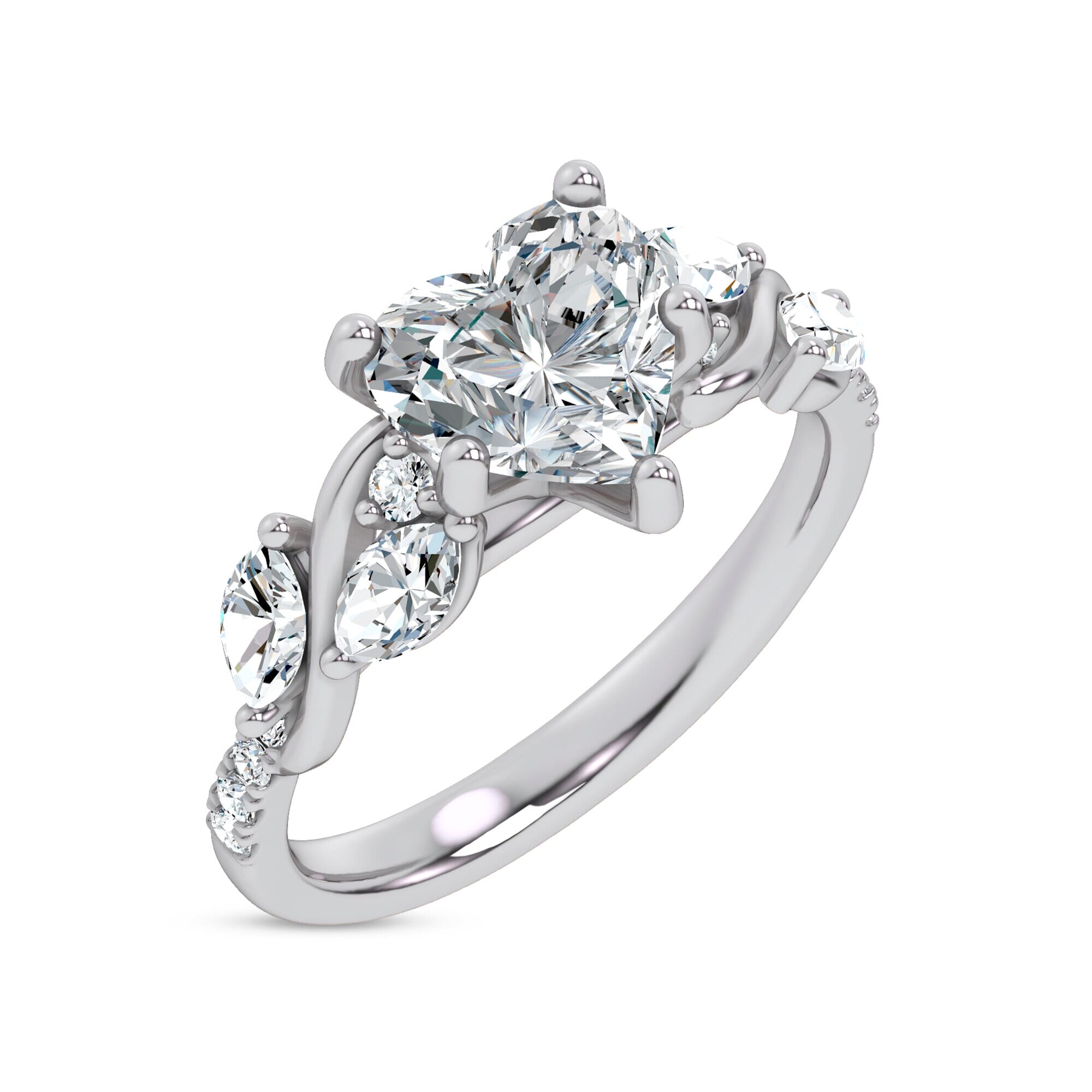 Curved Vine Diamond Heart Engagement Ring
