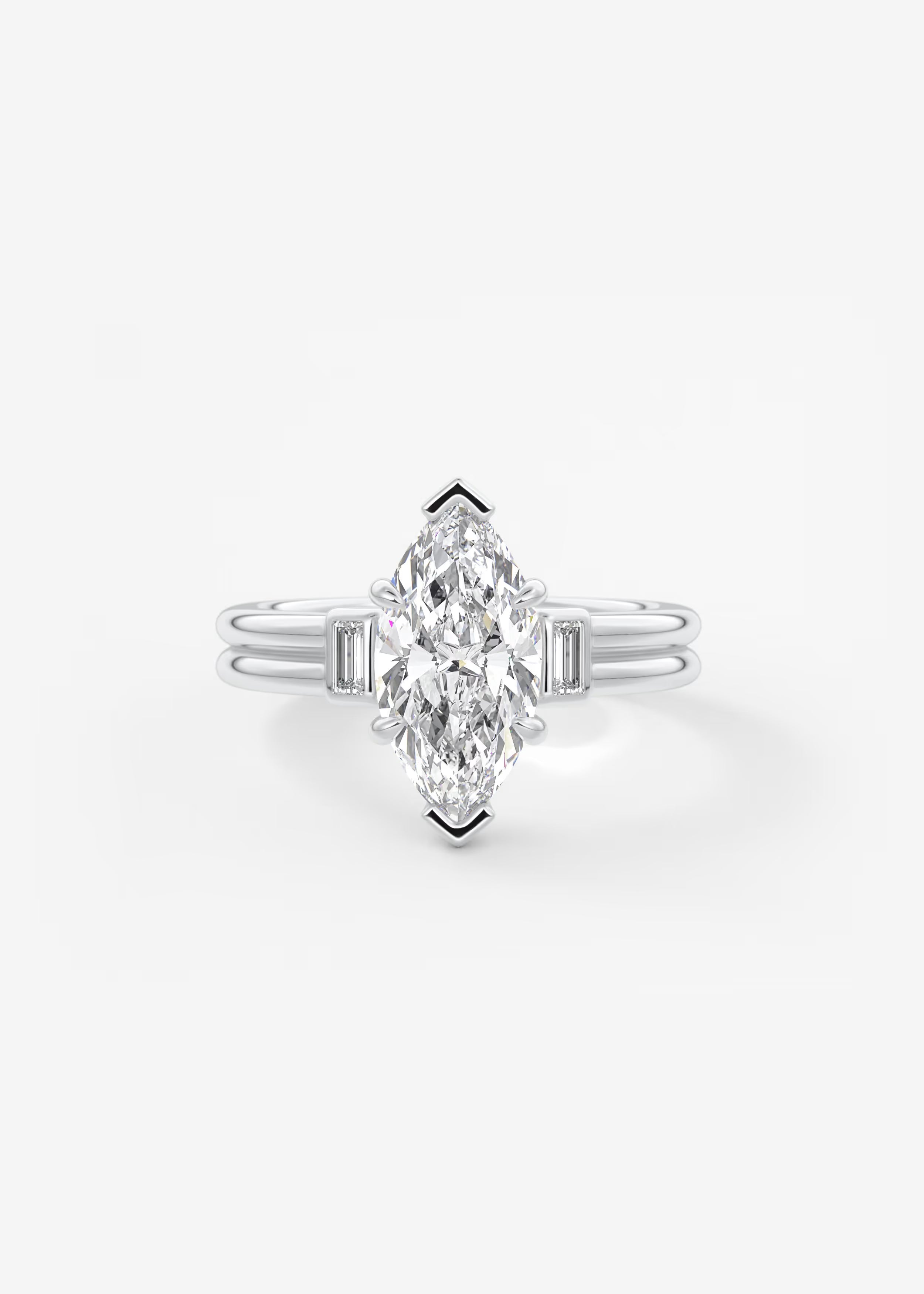 Marquise Cut Three Stone Engagement Ring with Double Band and Baguette Diamond Accents