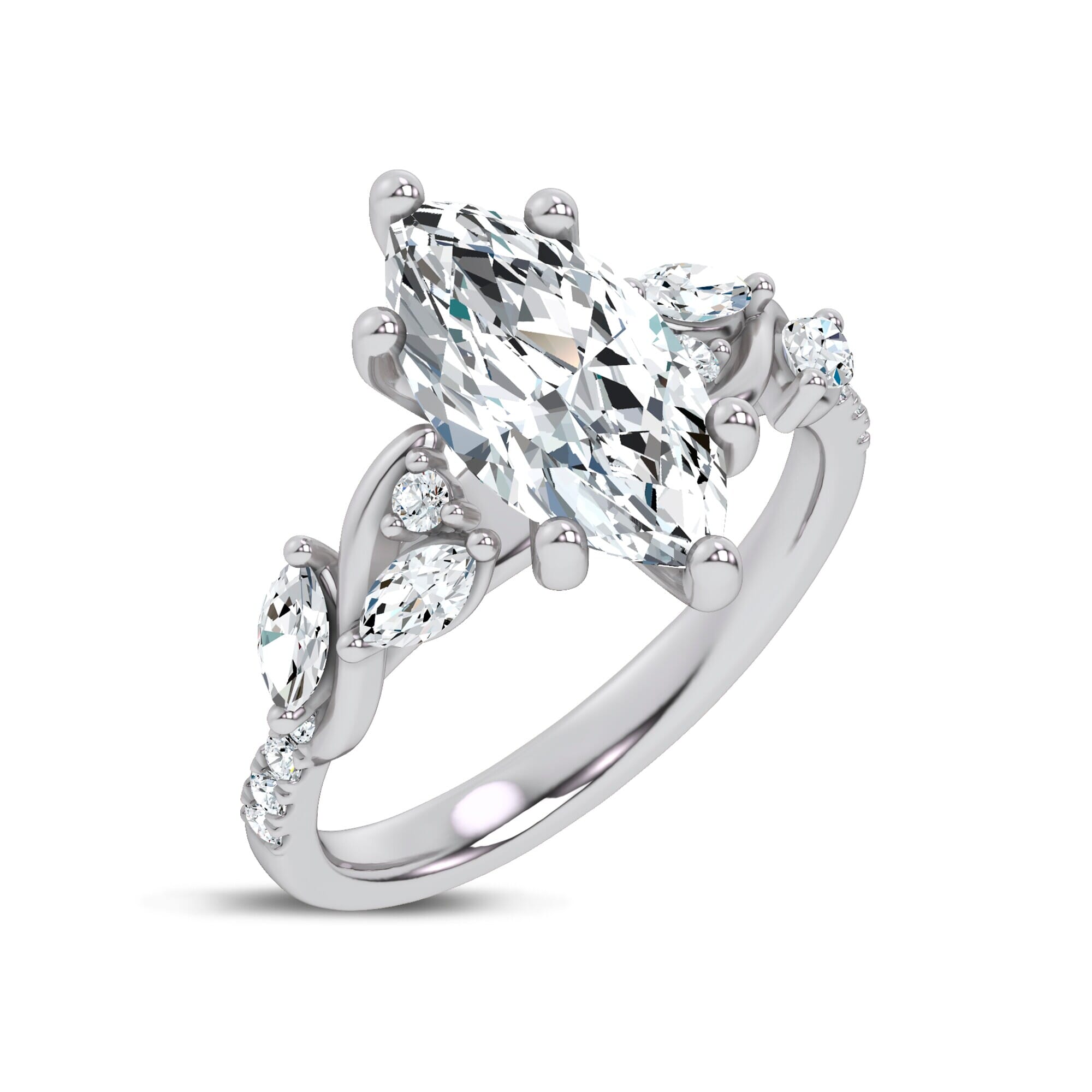 Curved Vine Diamond Marquise Engagement Ring