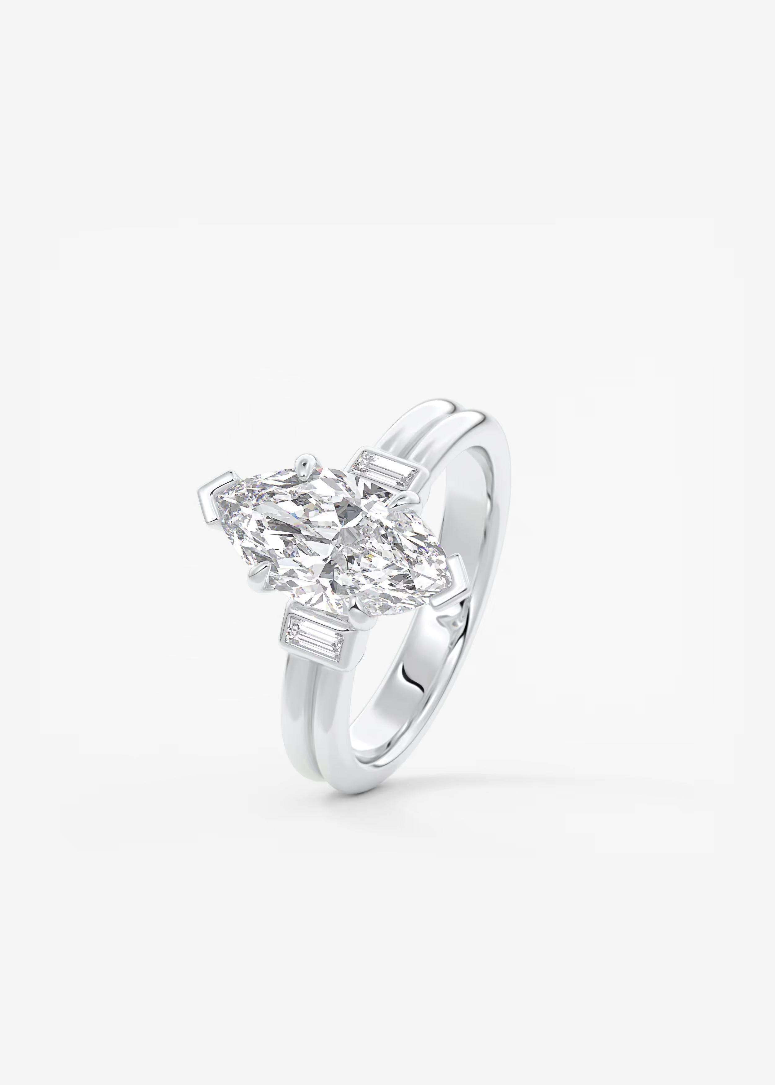 Marquise Cut Three Stone Engagement Ring with Double Band and Baguette Diamond Accents