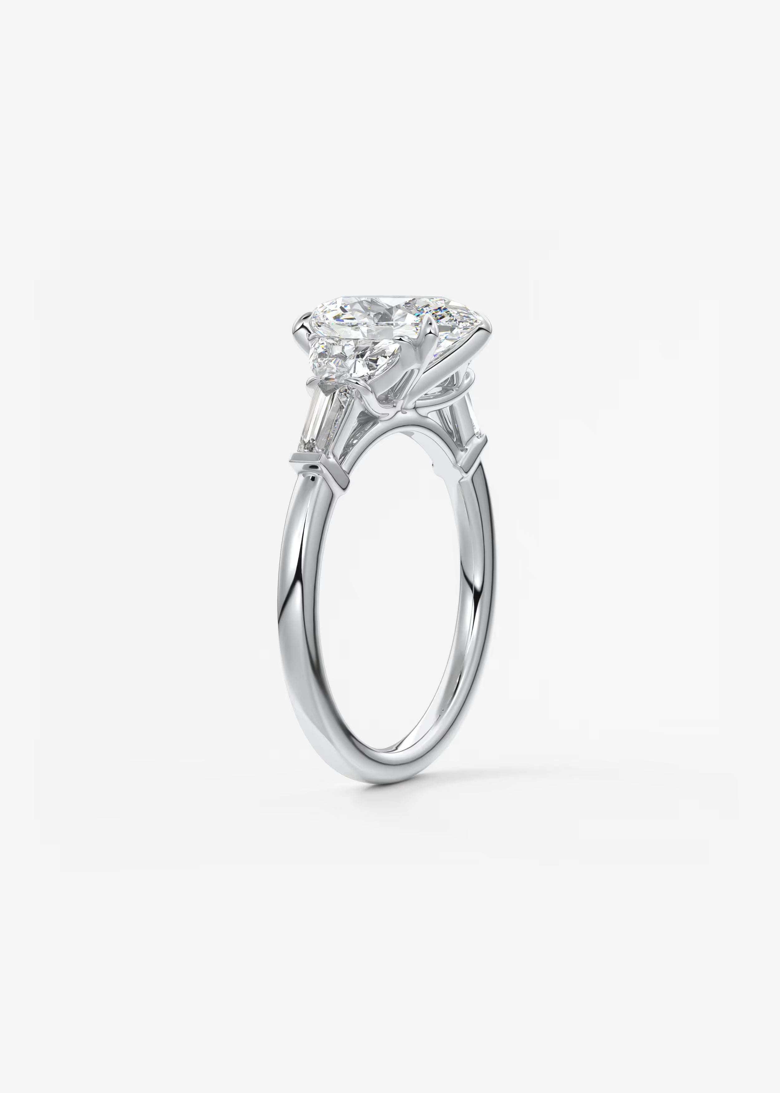 Oval Cut Five Stone Engagement Ring with Half Moons and Tapered Baguettes