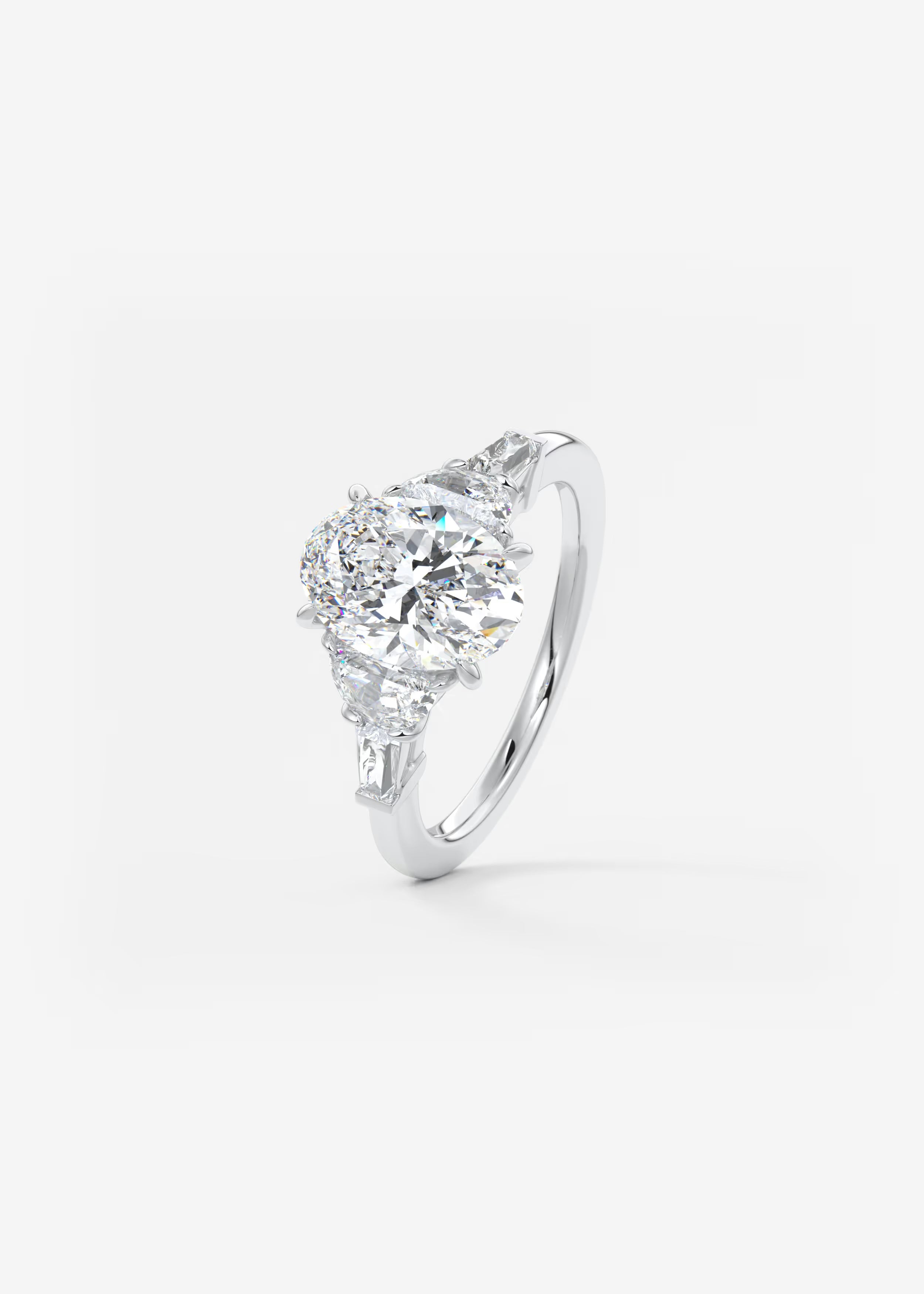 Oval Cut Five Stone Engagement Ring with Half Moons and Tapered Baguettes