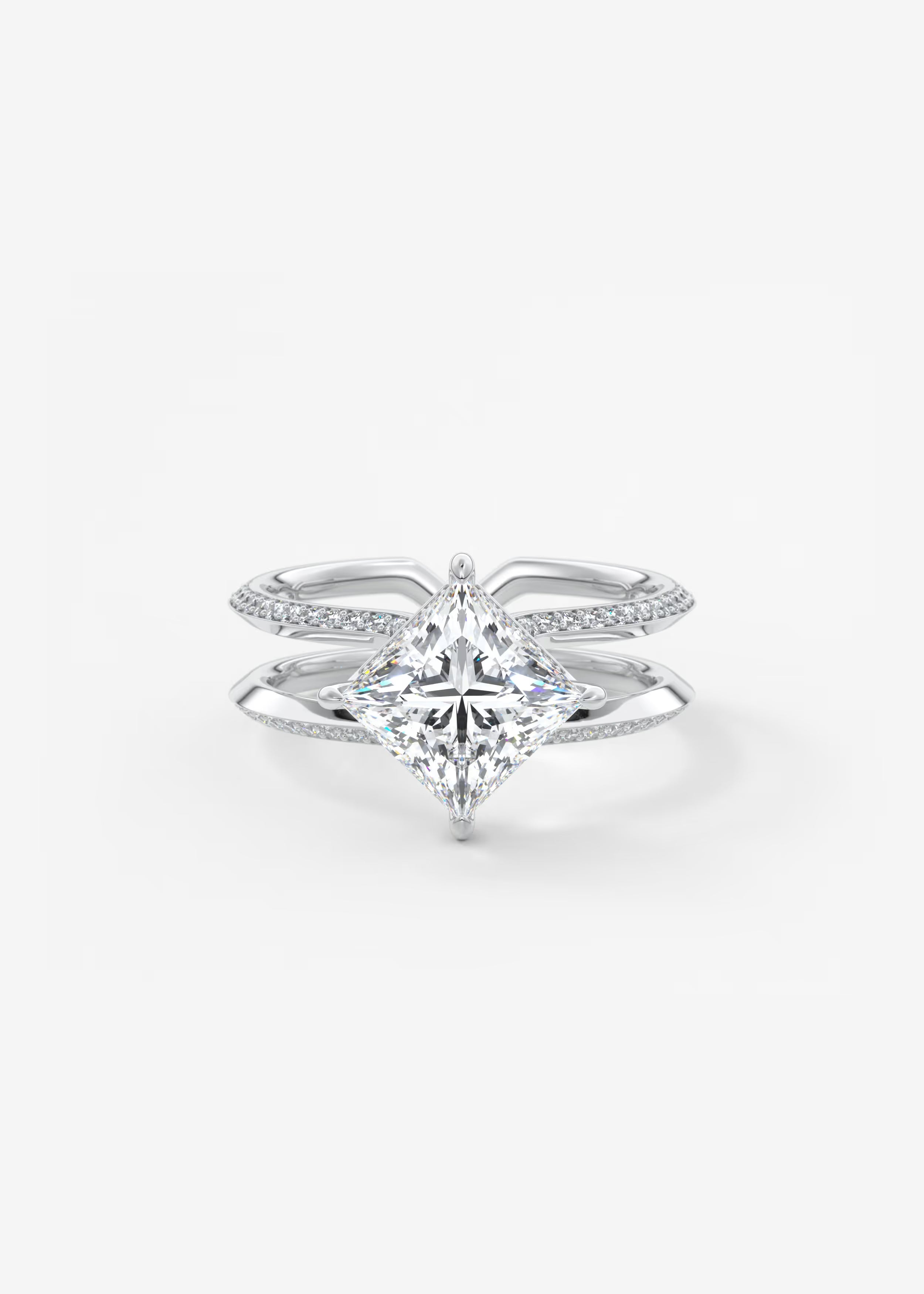 Parallel Split Shank Princess Cut Engagement Ring with Knife Edge Hidden Halo and Pavé