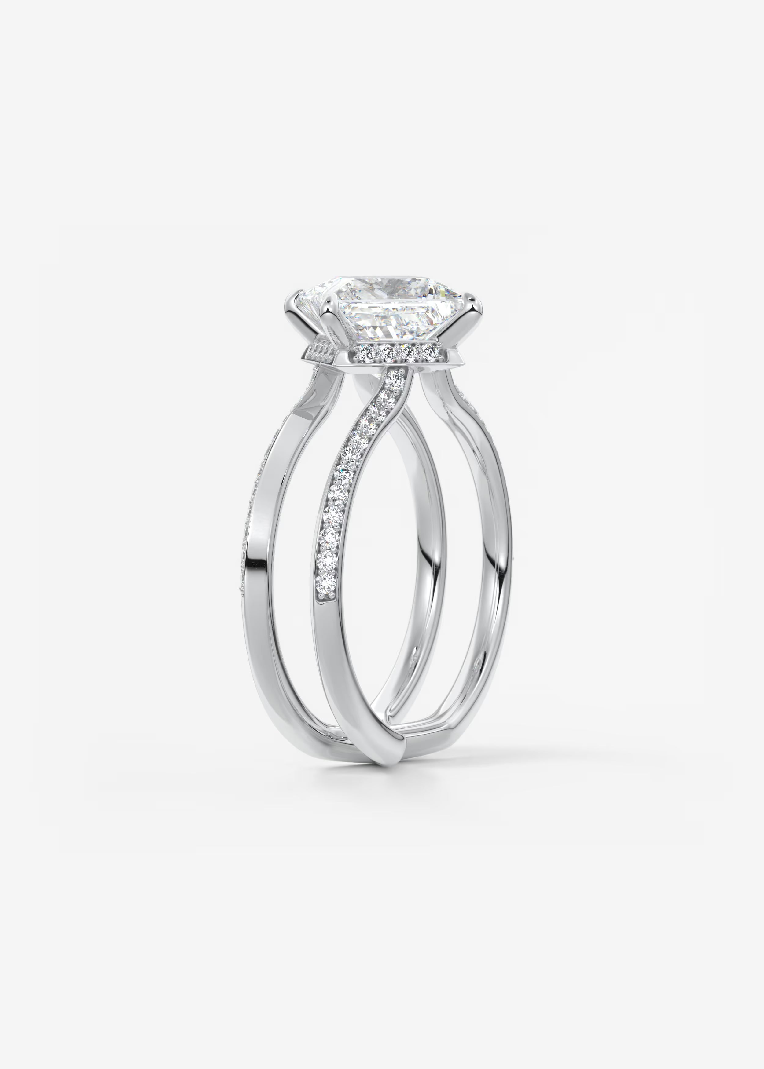 Parallel Split Shank Princess Cut Engagement Ring with Knife Edge Hidden Halo and Pavé