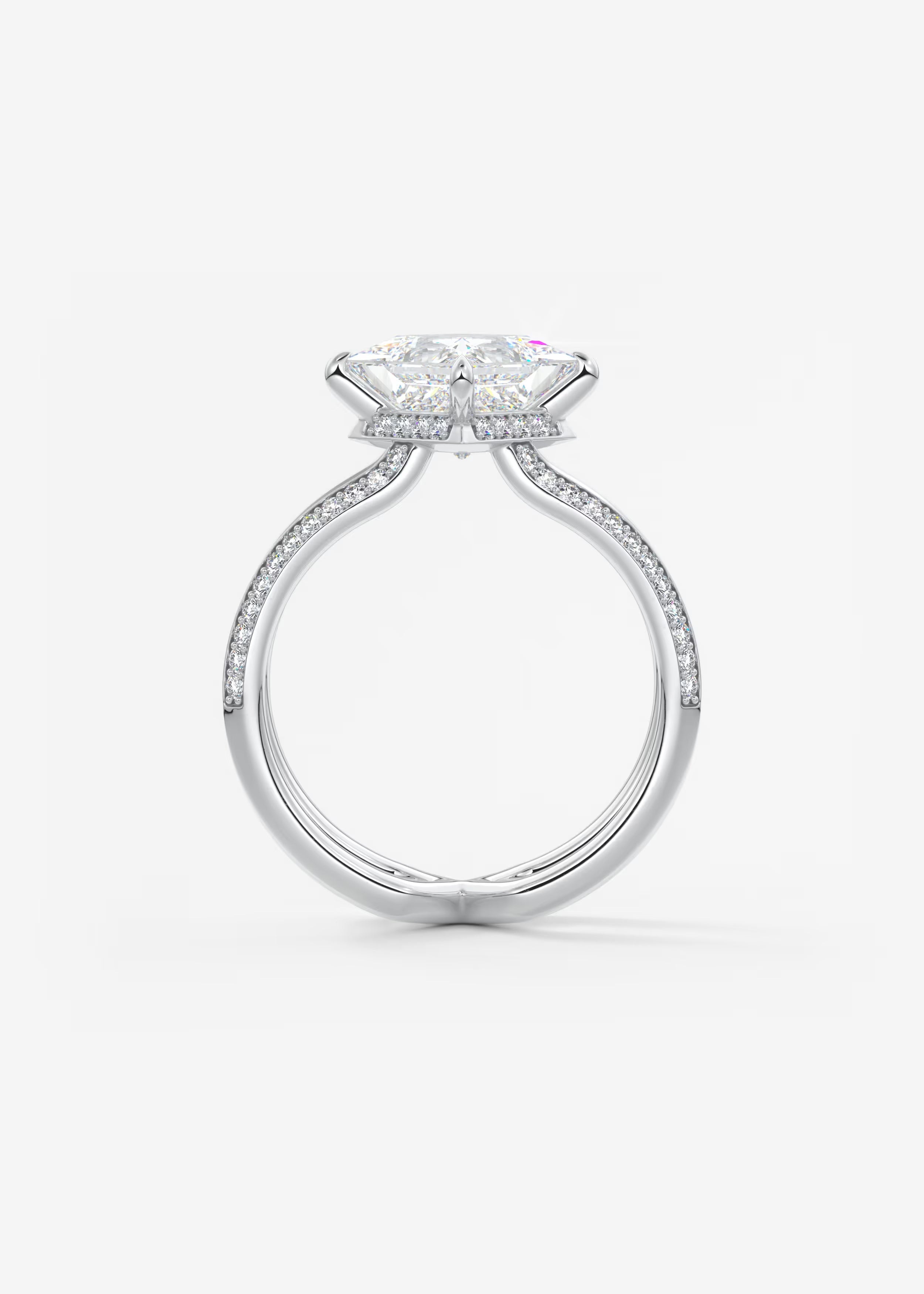 Parallel Split Shank Princess Cut Engagement Ring with Knife Edge Hidden Halo and Pavé