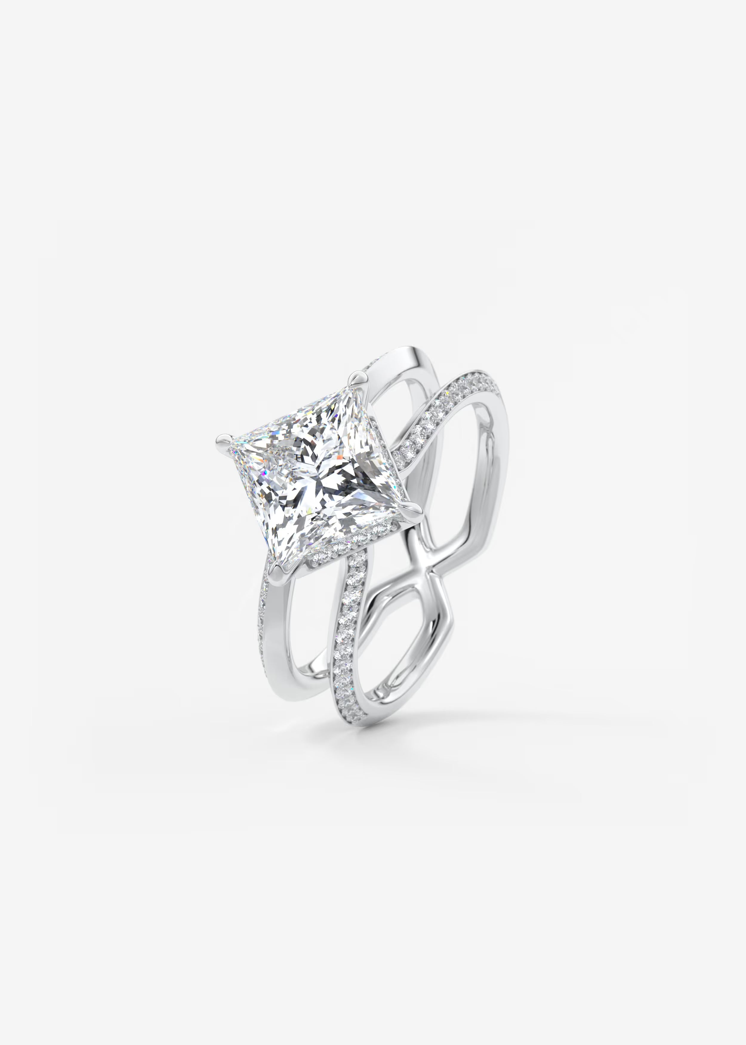 Parallel Split Shank Princess Cut Engagement Ring with Knife Edge Hidden Halo and Pavé