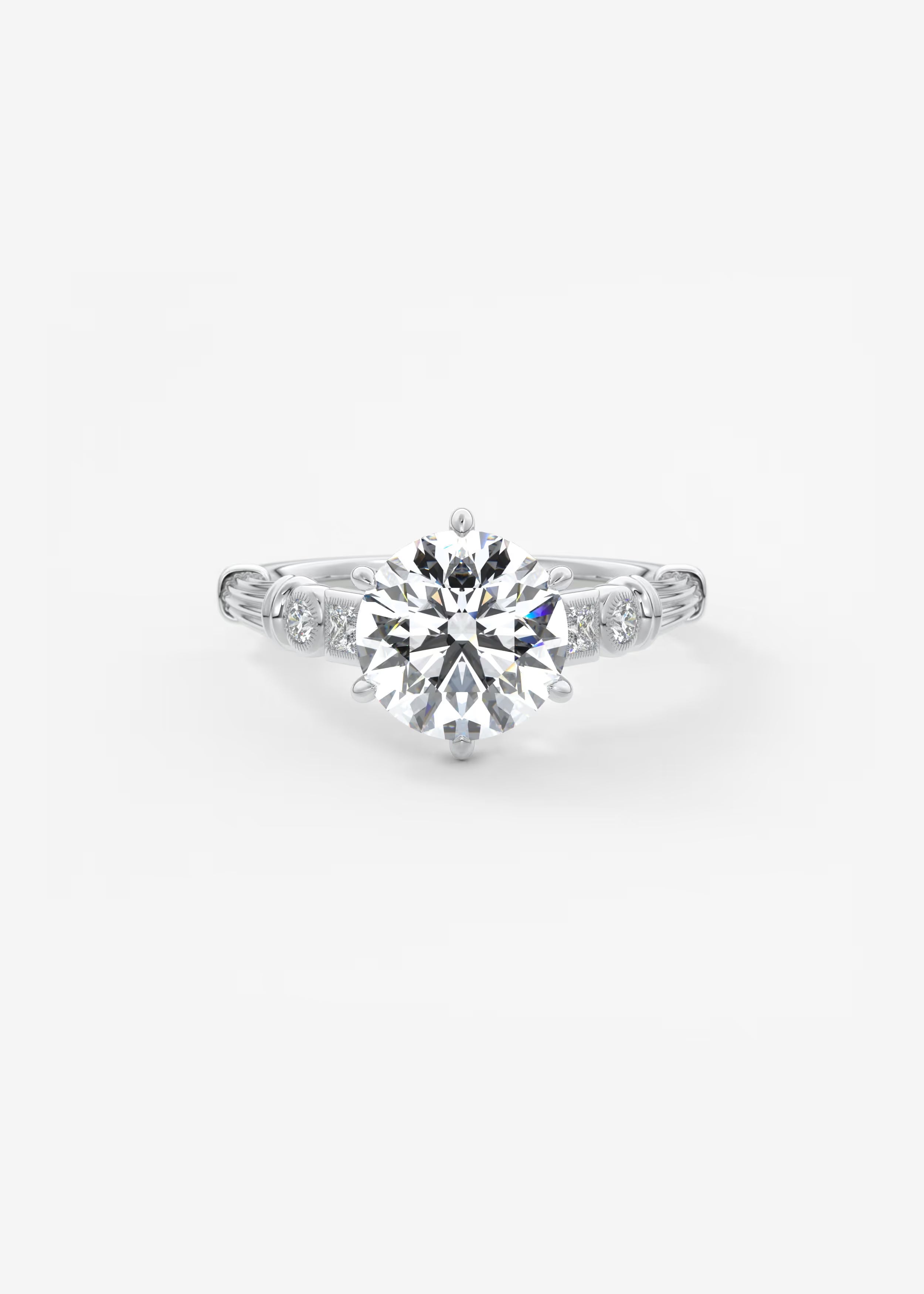 Five Stone Cathedral Engagement Ring with Fluted Shoulders & Milgrain