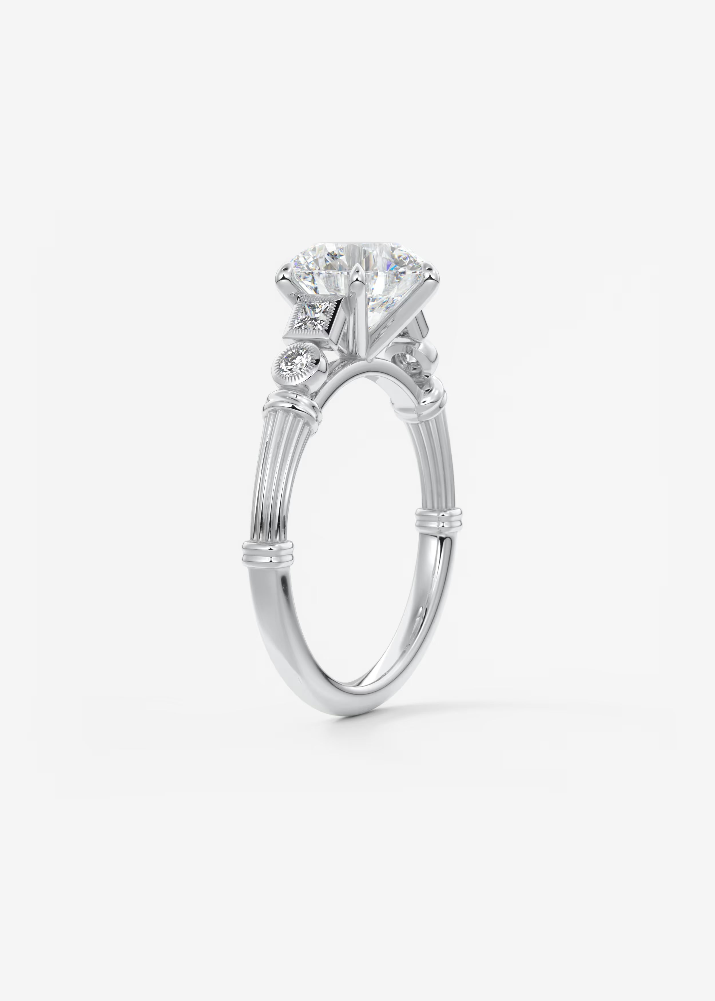 Five Stone Cathedral Engagement Ring with Fluted Shoulders & Milgrain