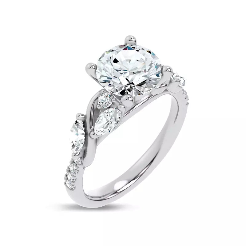 Curved Vine Diamond Round Engagement Ring
