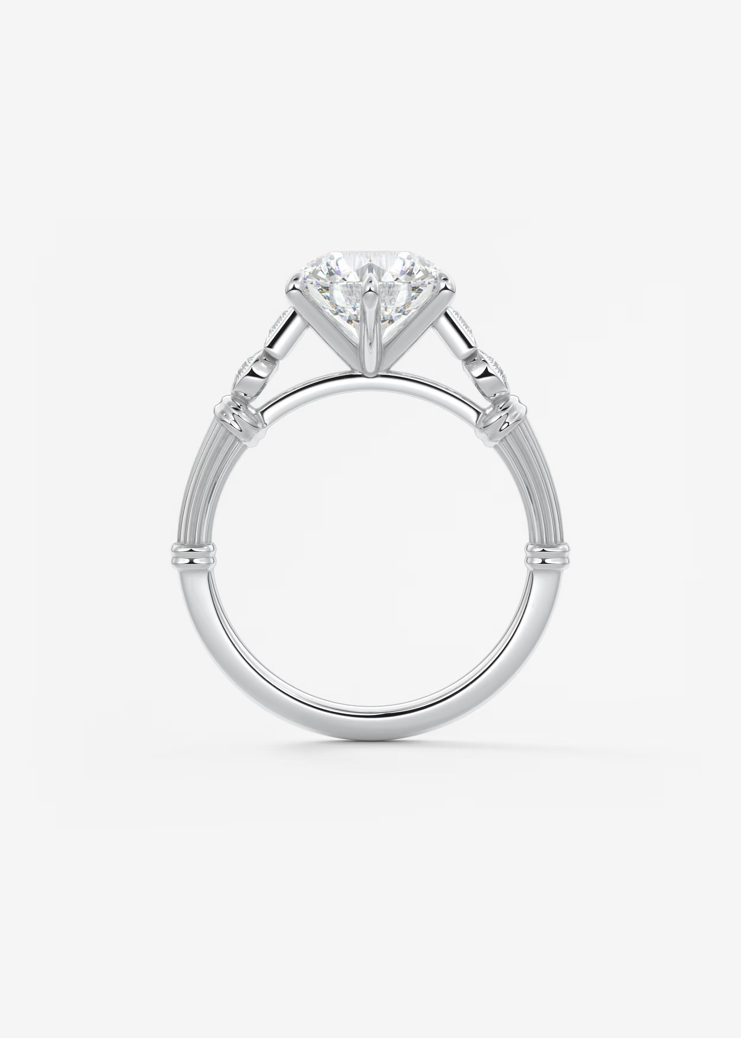 Five Stone Cathedral Engagement Ring with Fluted Shoulders & Milgrain