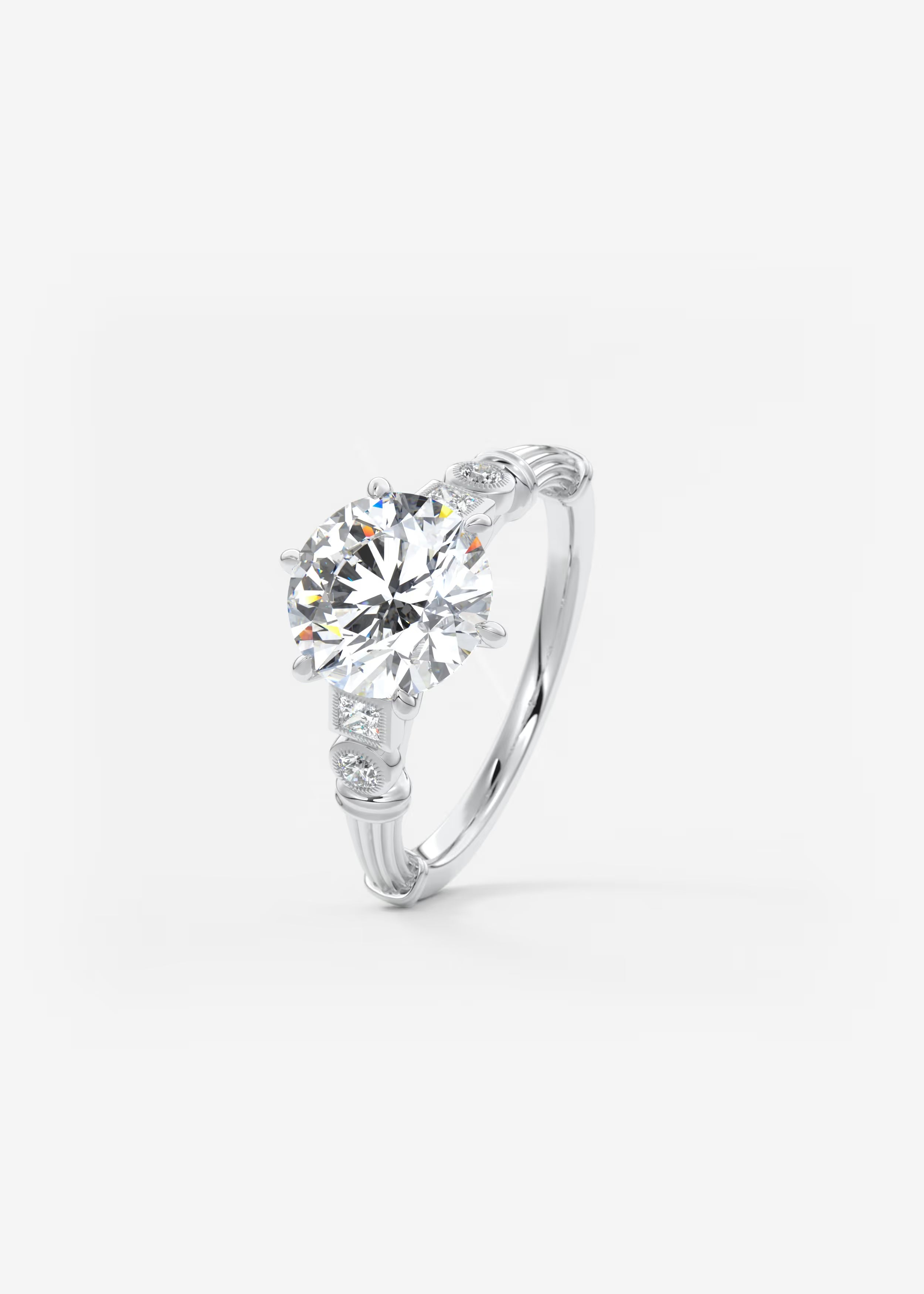 Five Stone Cathedral Engagement Ring with Fluted Shoulders & Milgrain