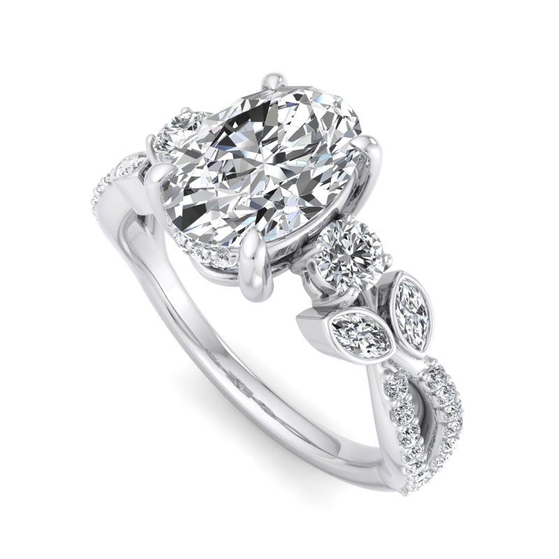Floral Marquise Band with Beaded Detail Oval Lab Grown Diamond Center Engagement Ring