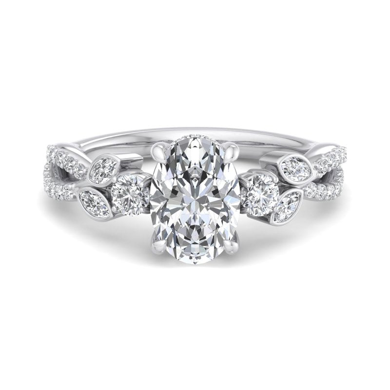 Floral Marquise Band with Beaded Detail Oval Lab Grown Diamond Center Engagement Ring