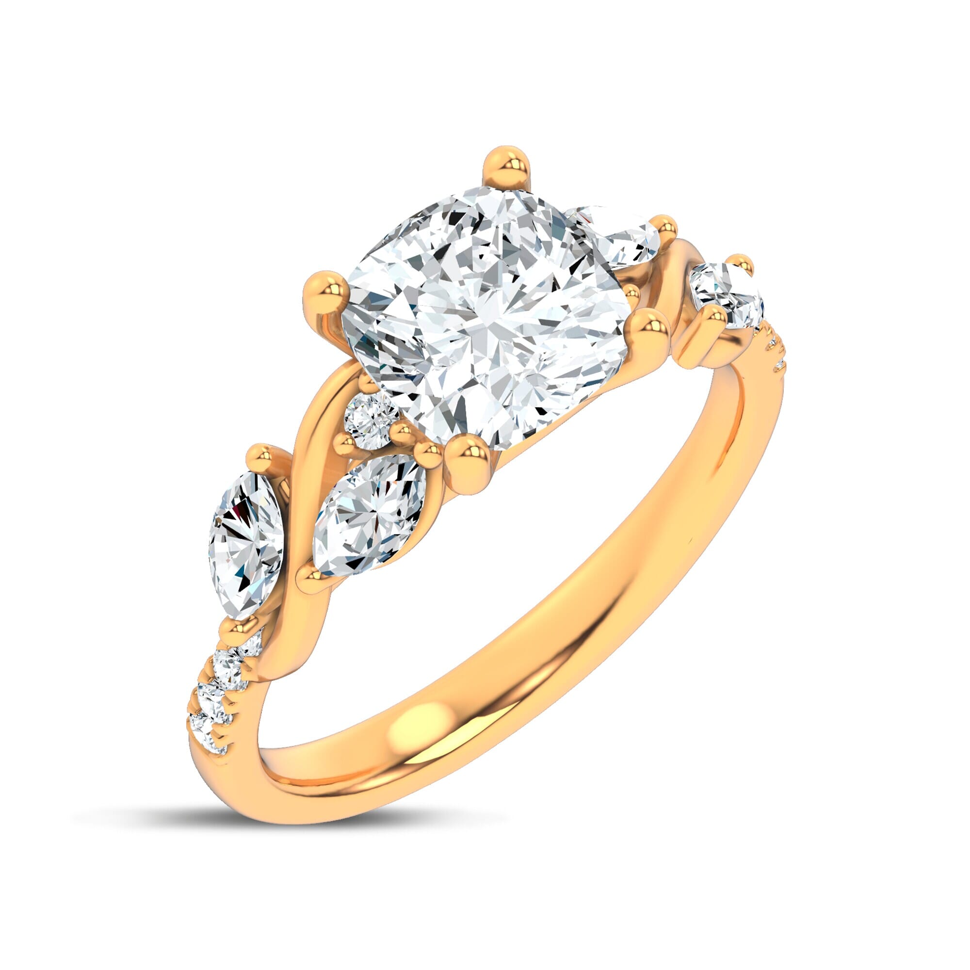 Curved Vine Diamond Cushion Engagement Ring