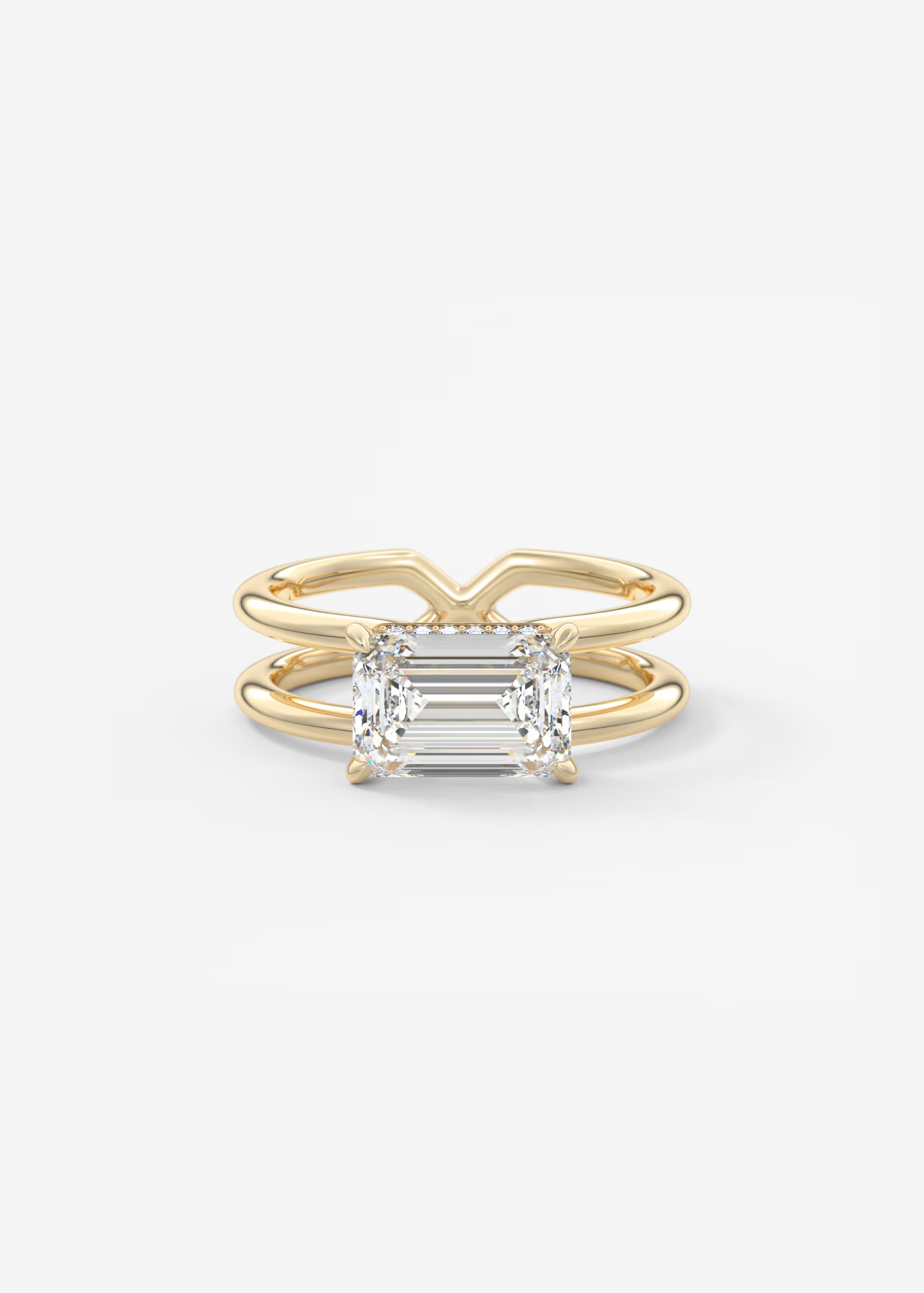 Parallel Split Shank Emerald Cut Engagement Ring with Knife Edge Hidden Halo