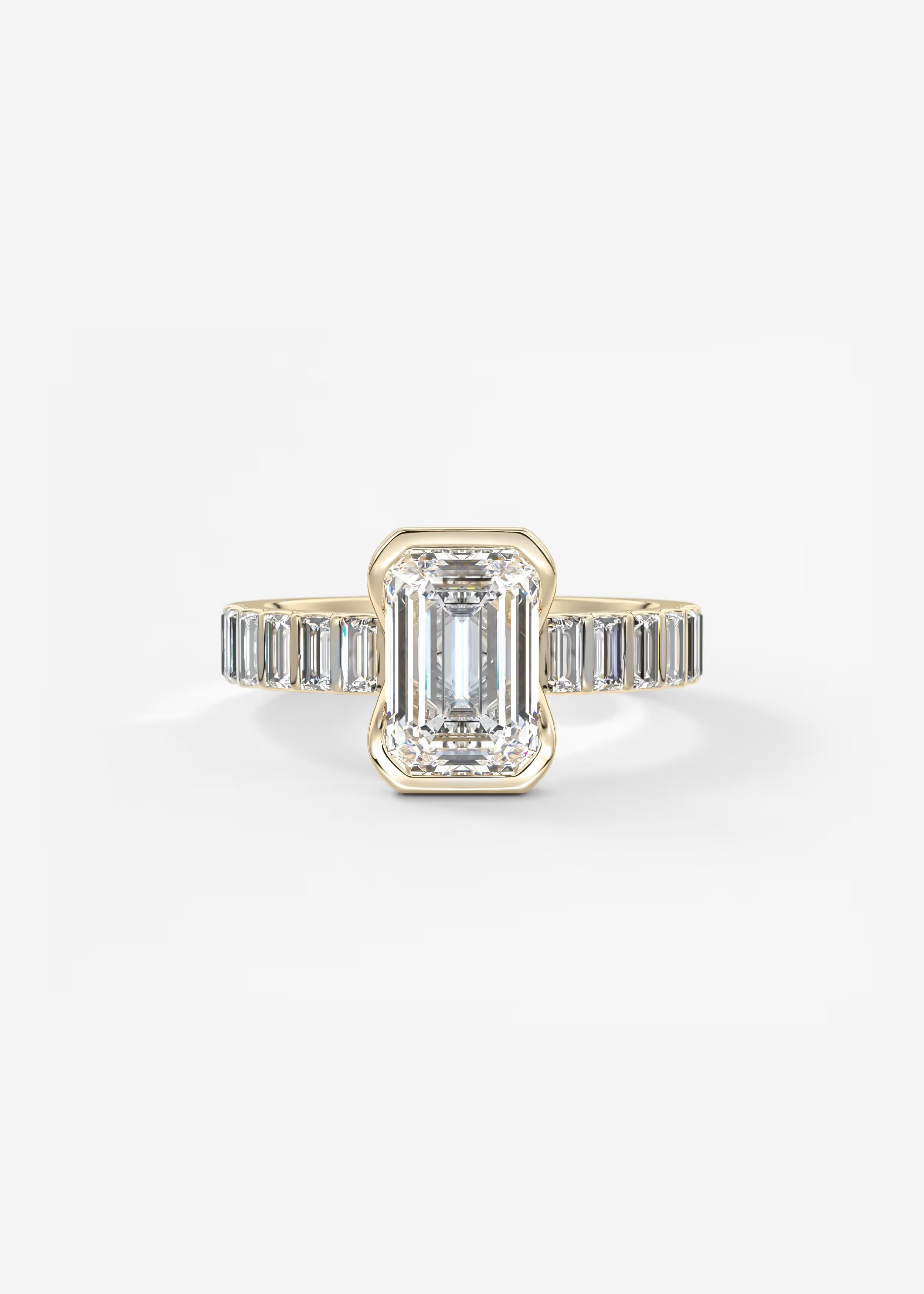 Emerald Cut Half Bezel Engagement Ring with Baguette Cut Diamond Band
