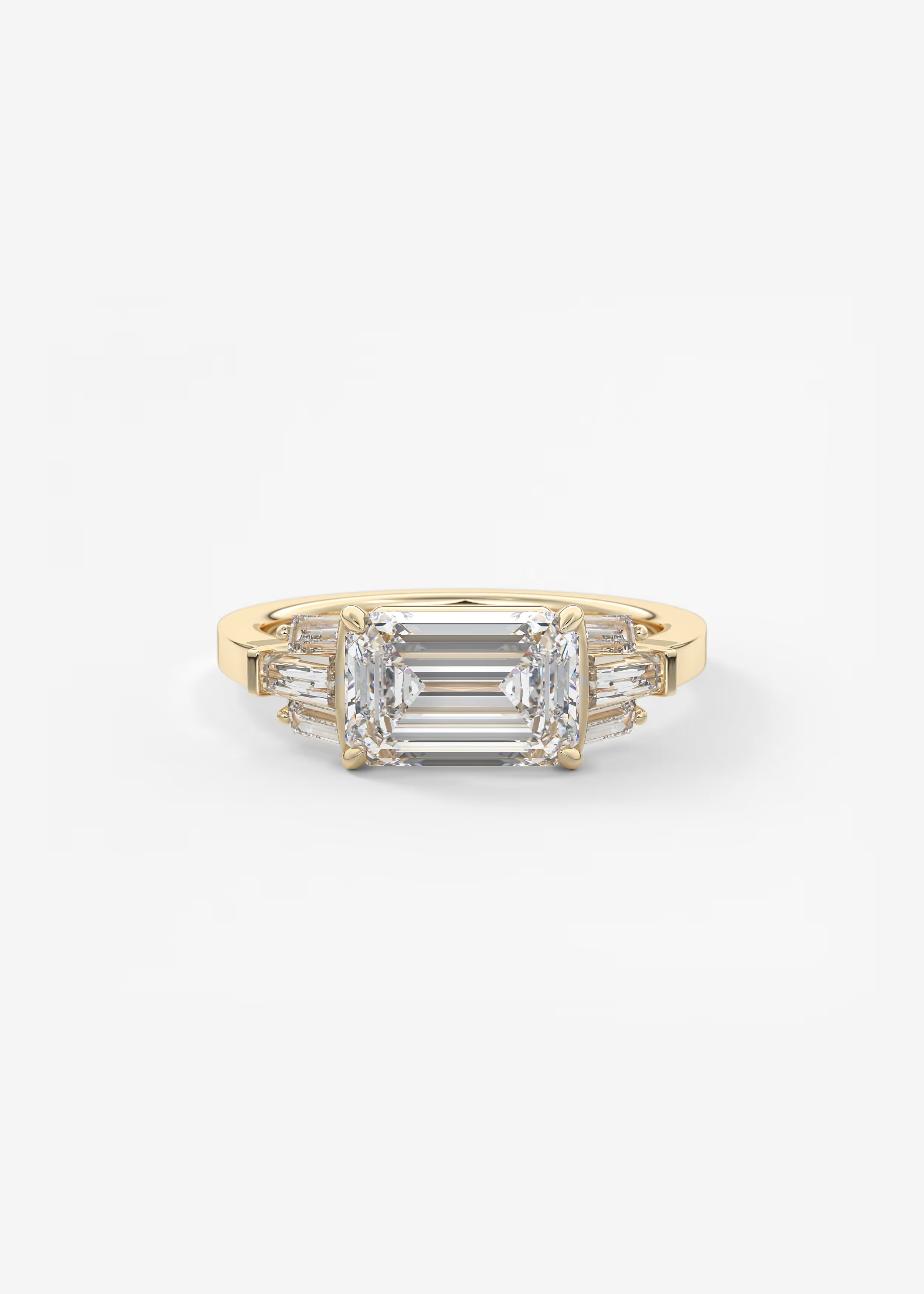 East West Emerald Cut Seven Stone Engagement Ring with Baguette Diamond Accents