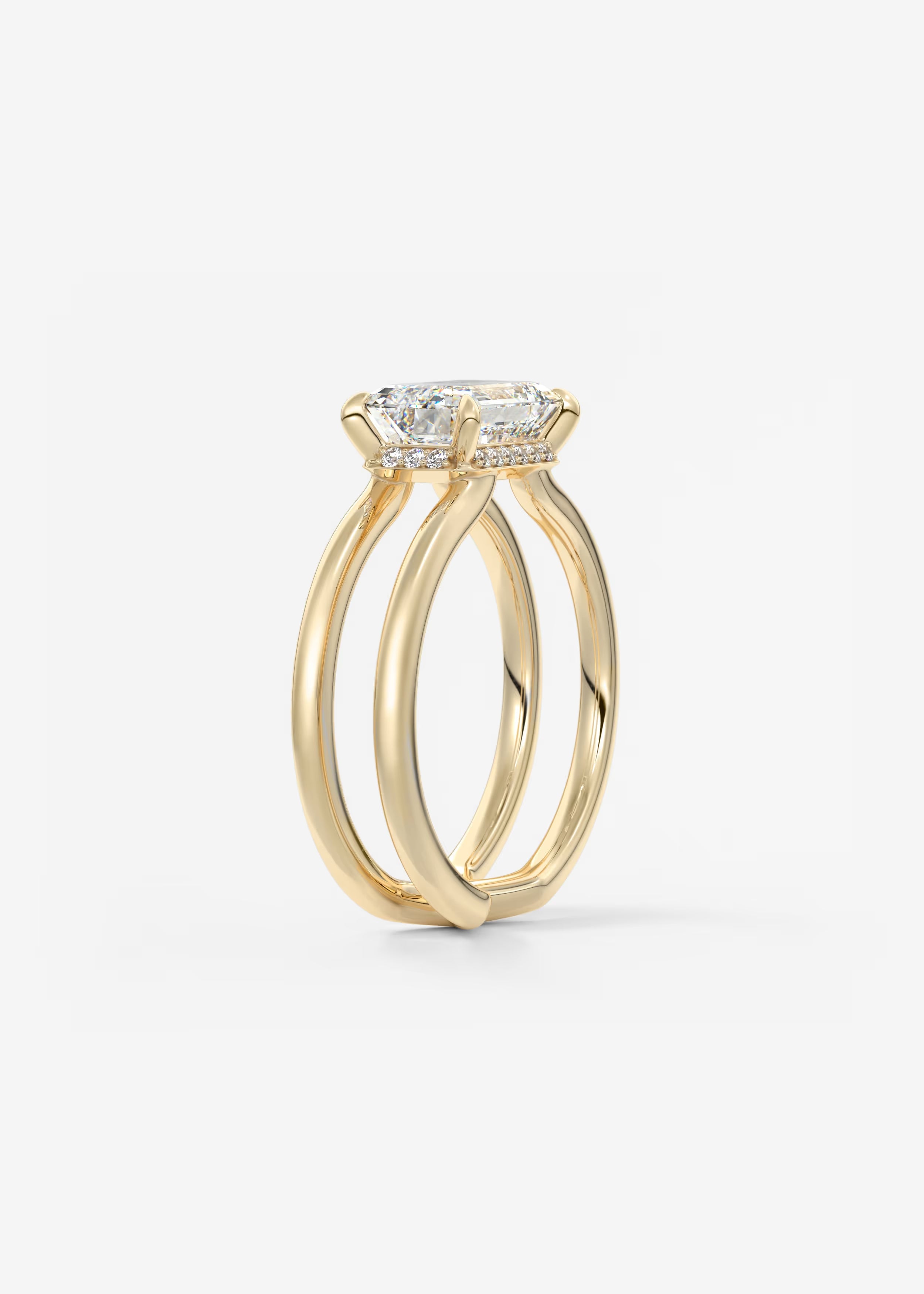 Parallel Split Shank Emerald Cut Engagement Ring with Knife Edge Hidden Halo