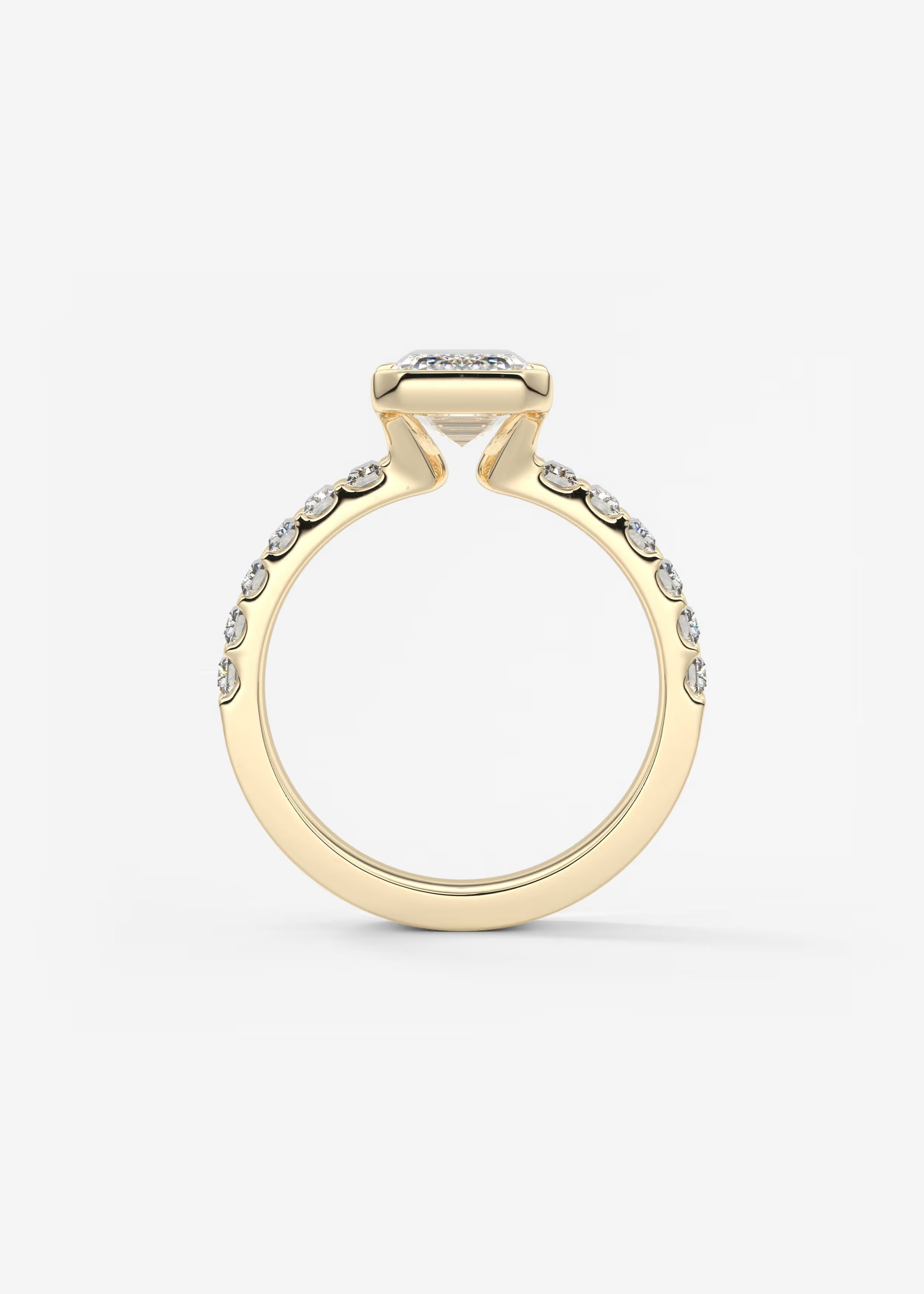 Emerald Cut Half Bezel Engagement Ring with Baguette Cut Diamond Band