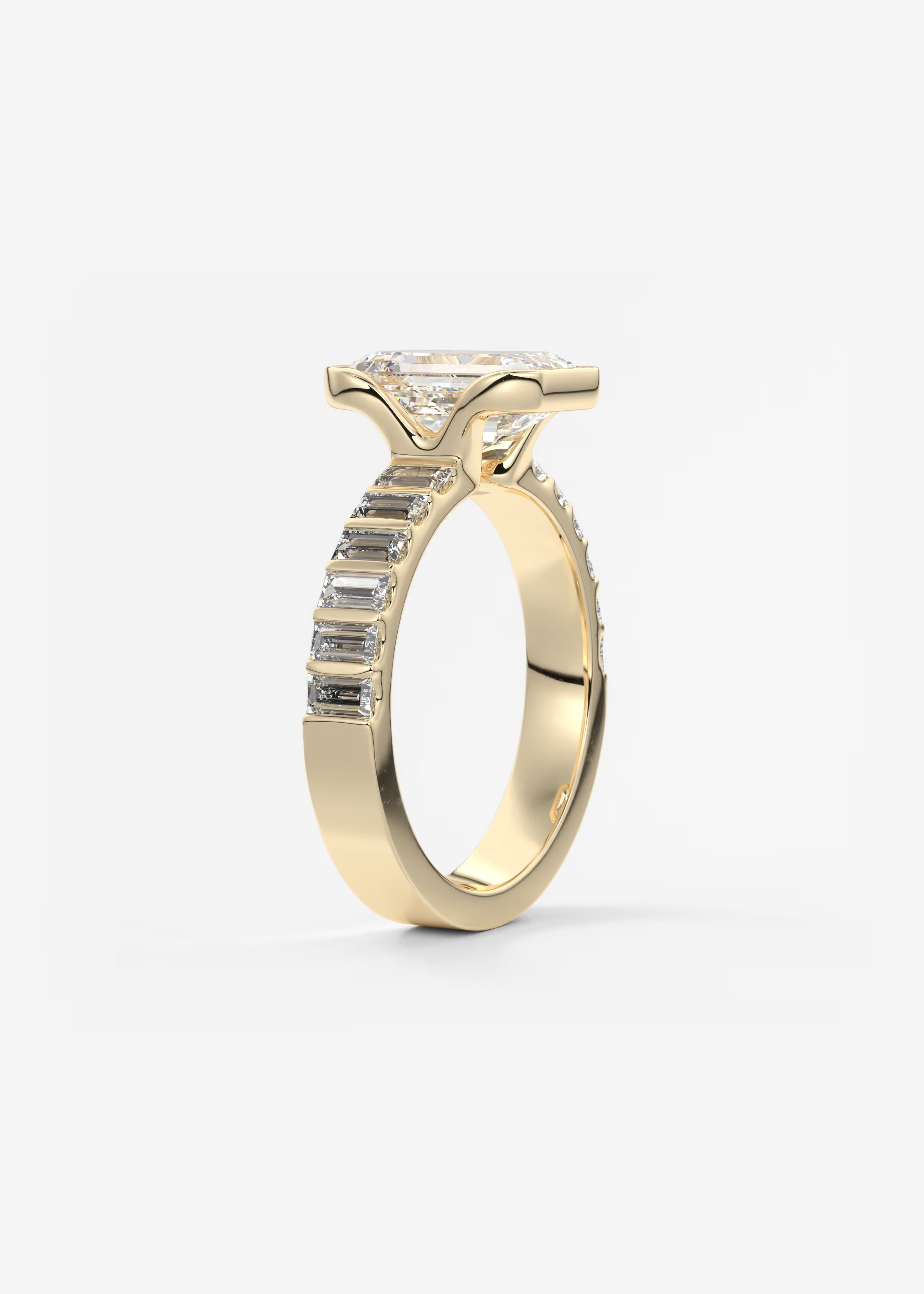 Emerald Cut Half Bezel Engagement Ring with Baguette Cut Diamond Band
