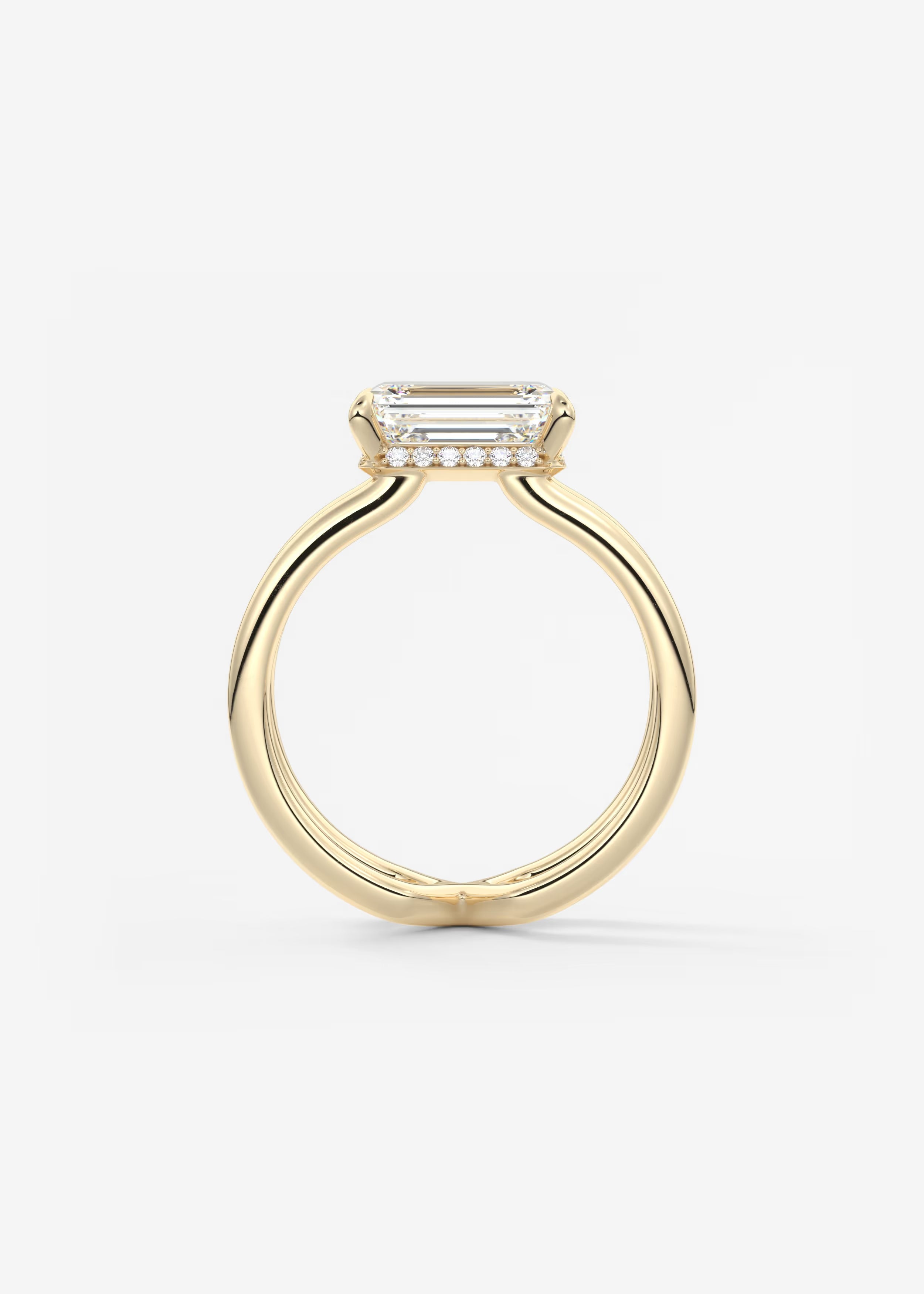 Parallel Split Shank Emerald Cut Engagement Ring with Knife Edge Hidden Halo