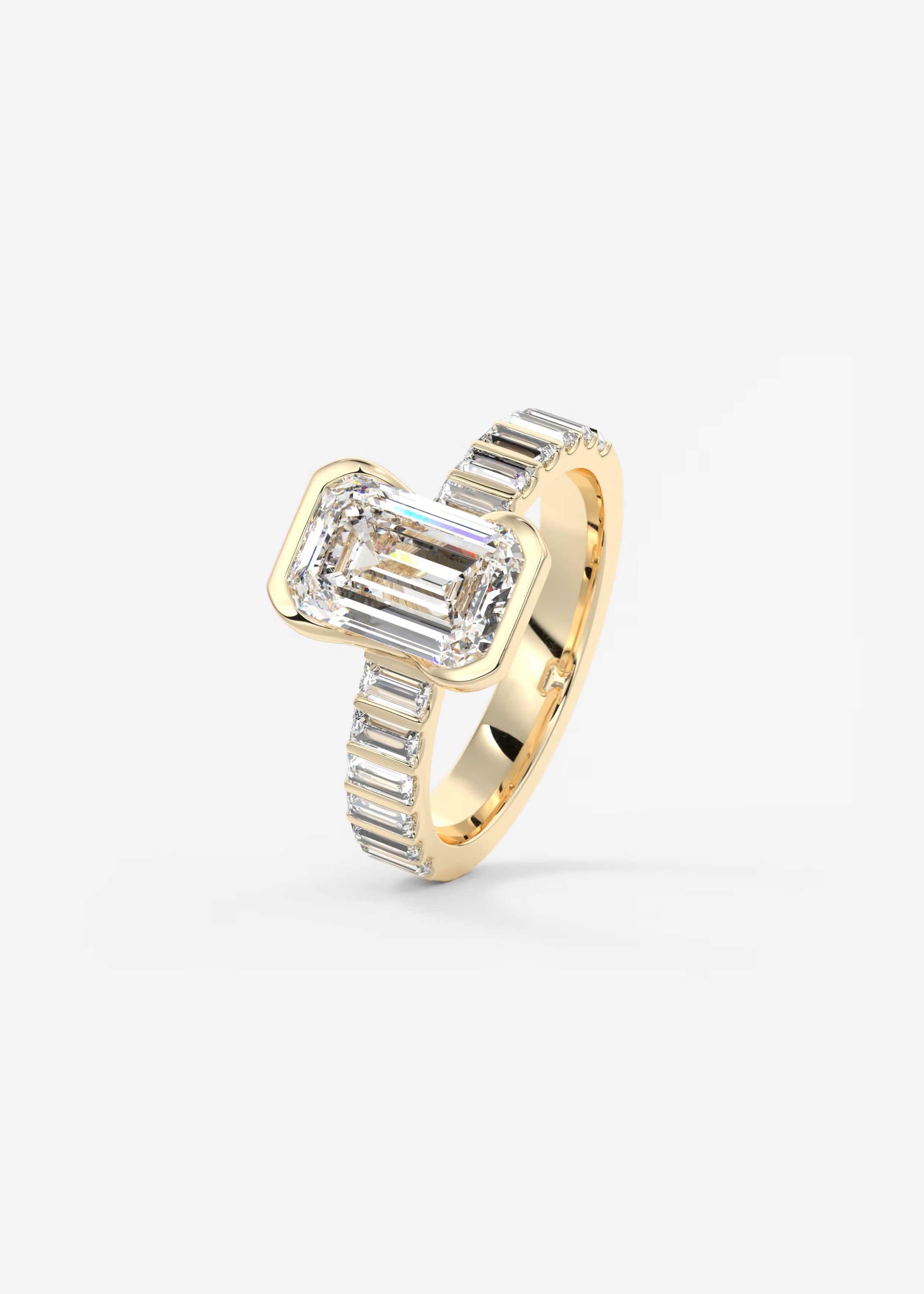 Emerald Cut Half Bezel Engagement Ring with Baguette Cut Diamond Band